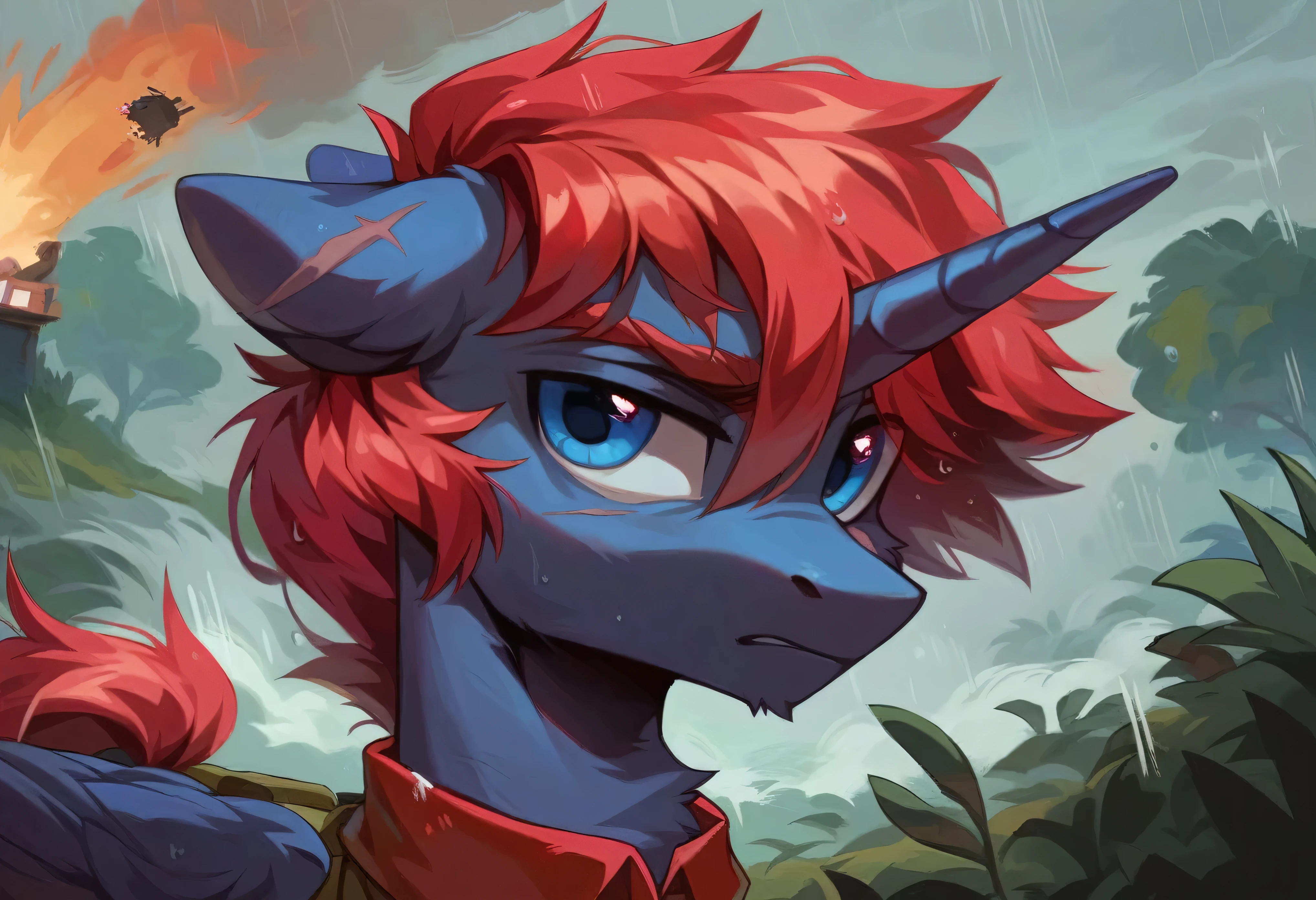 Male alicorn pony, black fur, long red hair, deep blue eyes, red feathers on wings, scar over left eye, red striping, vietnam-era helicopter pilot uniform, boonie hat, in a swamp, explosion in background, raining, wet hair, thousand-yard stare, close-up portrait