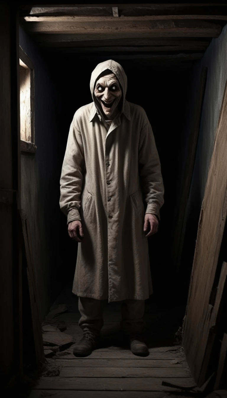 Command: "Image of a pale, hunched figure, with blank eyes and a distorted smile, in a dark attic. The crooked man has a frightening and menacing appearance."
Ultra realistic image.