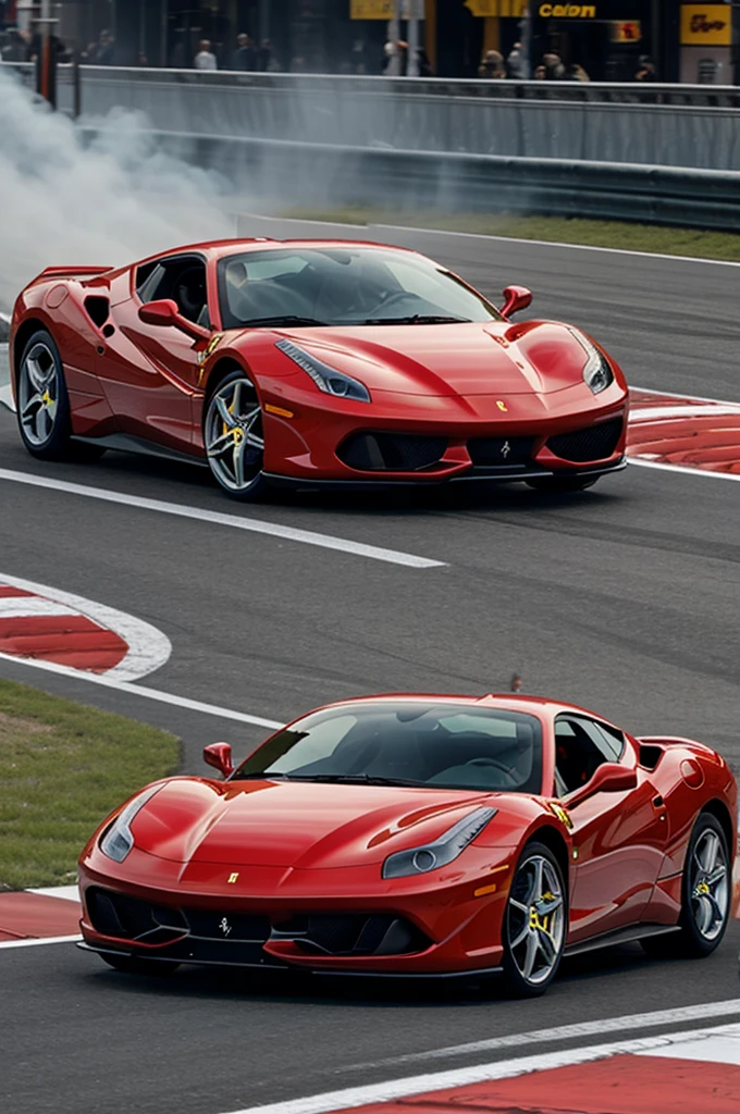 A Ferrari in New York accelerating and burning tires 

