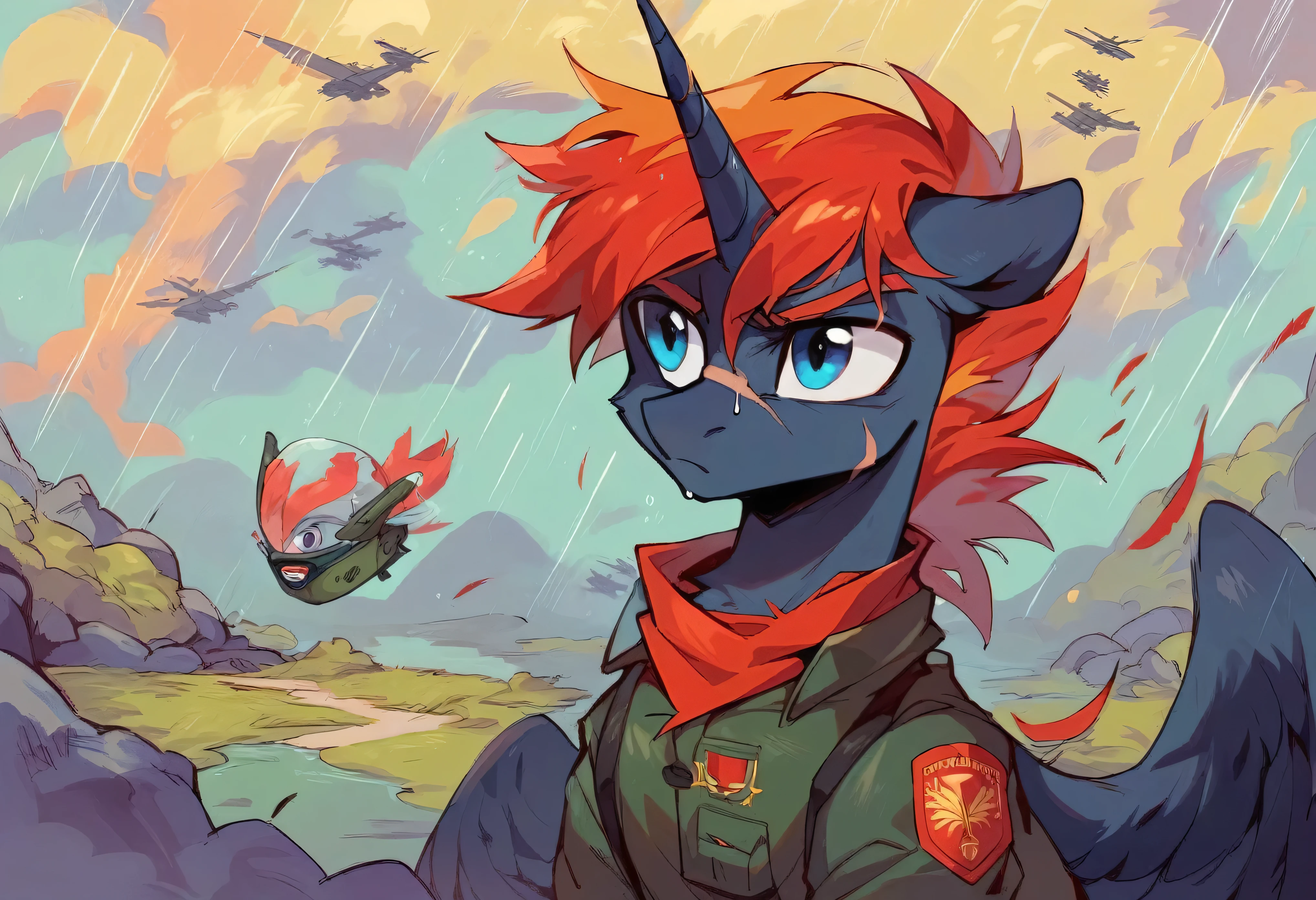 Male alicorn pony, black fur, long red hair, deep blue eyes, red feathers on wings, scar over left eye, red striping, vietnam-era helicopter pilot uniform, boonie hat, in a swamp, explosion in background, raining, wet hair, thousand-yard stare, close-up portrait
