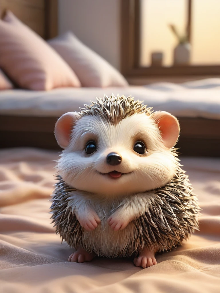 With the sunset in the background,(masterpiece:1.2, high quality), Several baby hedgehogs sleeping together in bed、
