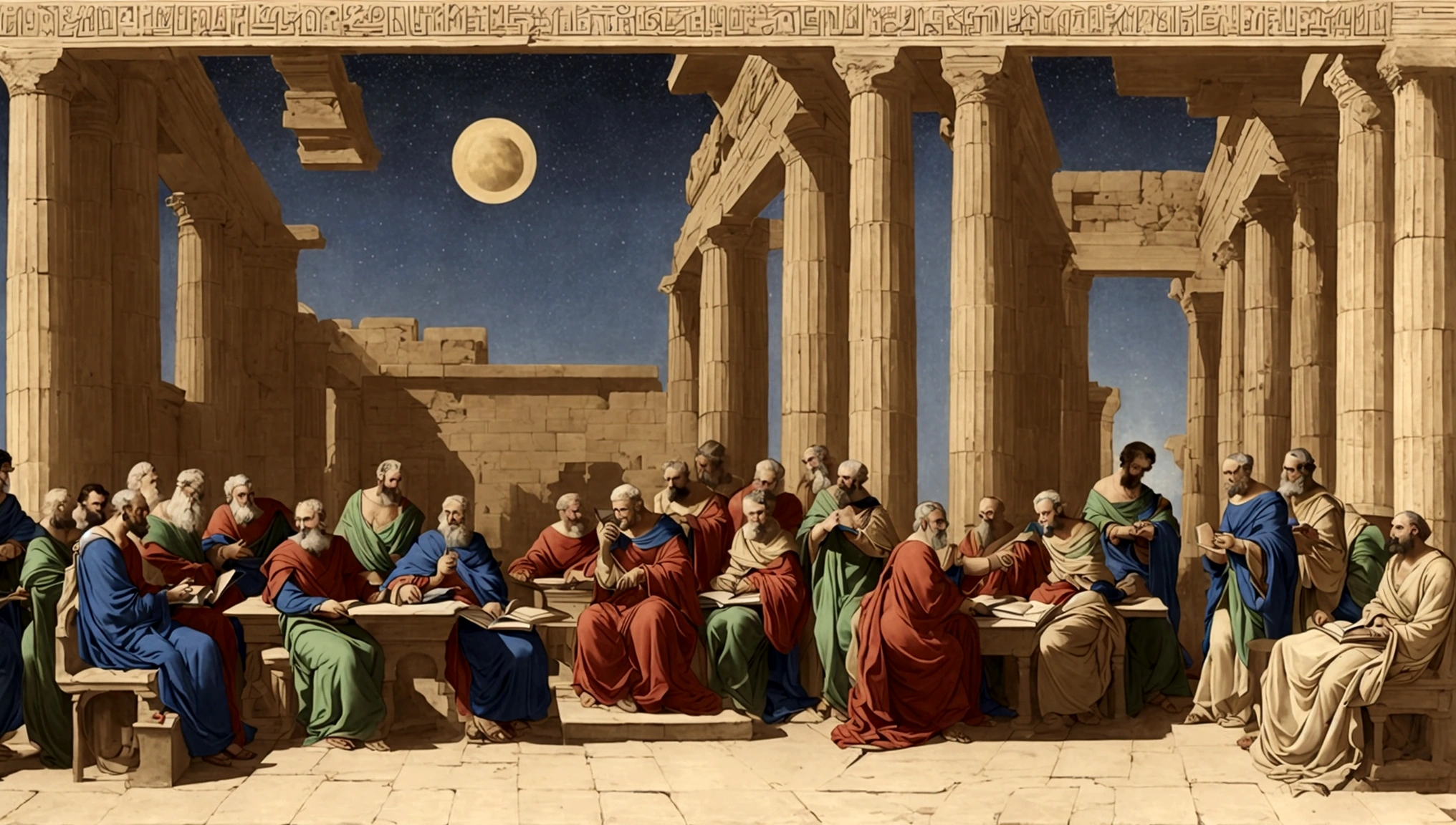 Meeting of philosophers studying the stars in ancient Greece