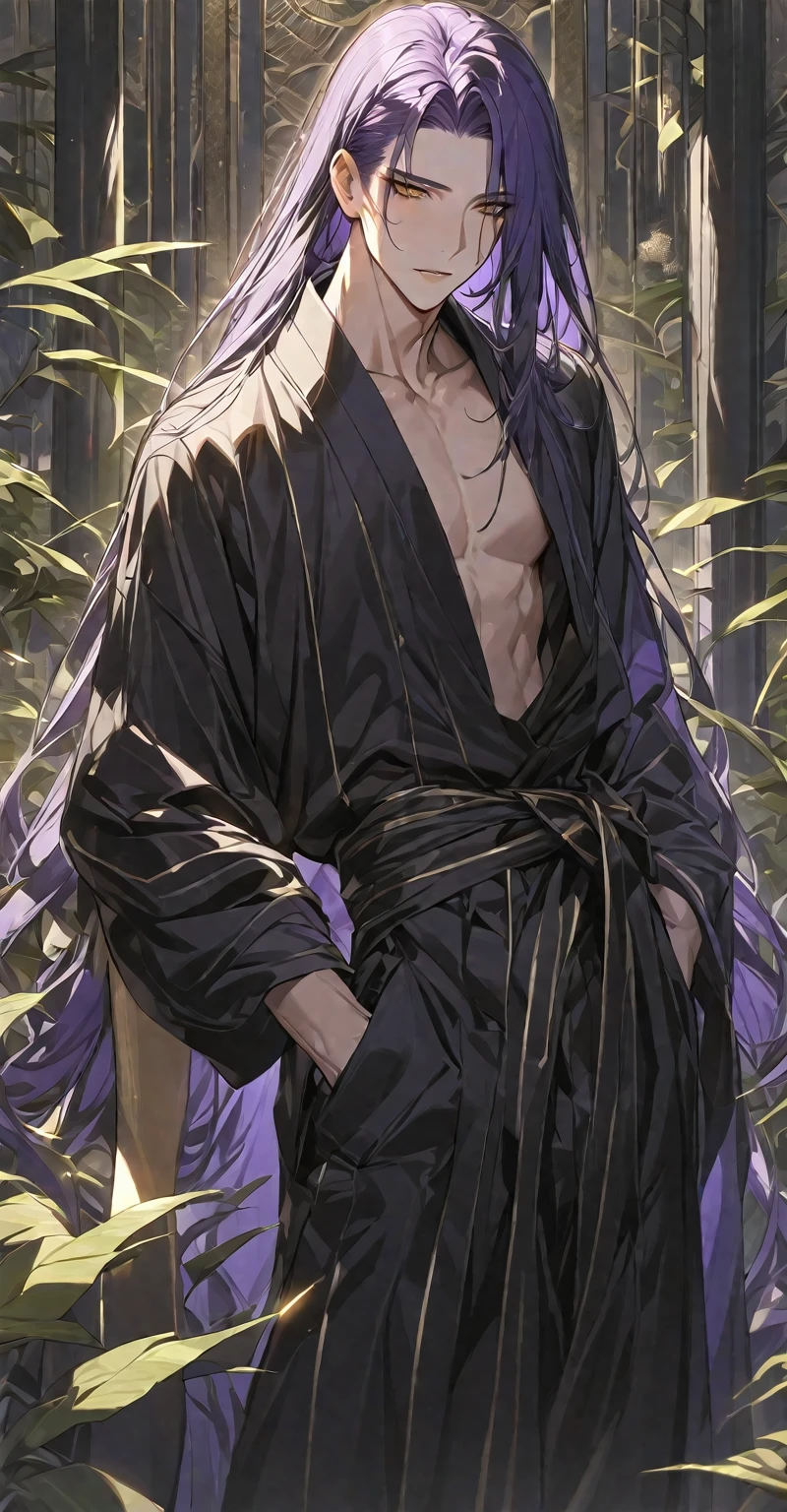 Masterpiece, very detailed, ultra detailed, one, (1 man), 23 old years, A man - he is tall and slender, He's in a simple black kimono with white stripes, He’s super long dark-purple hair To the waist and with Smooth bangs, and golden eyes that shine.