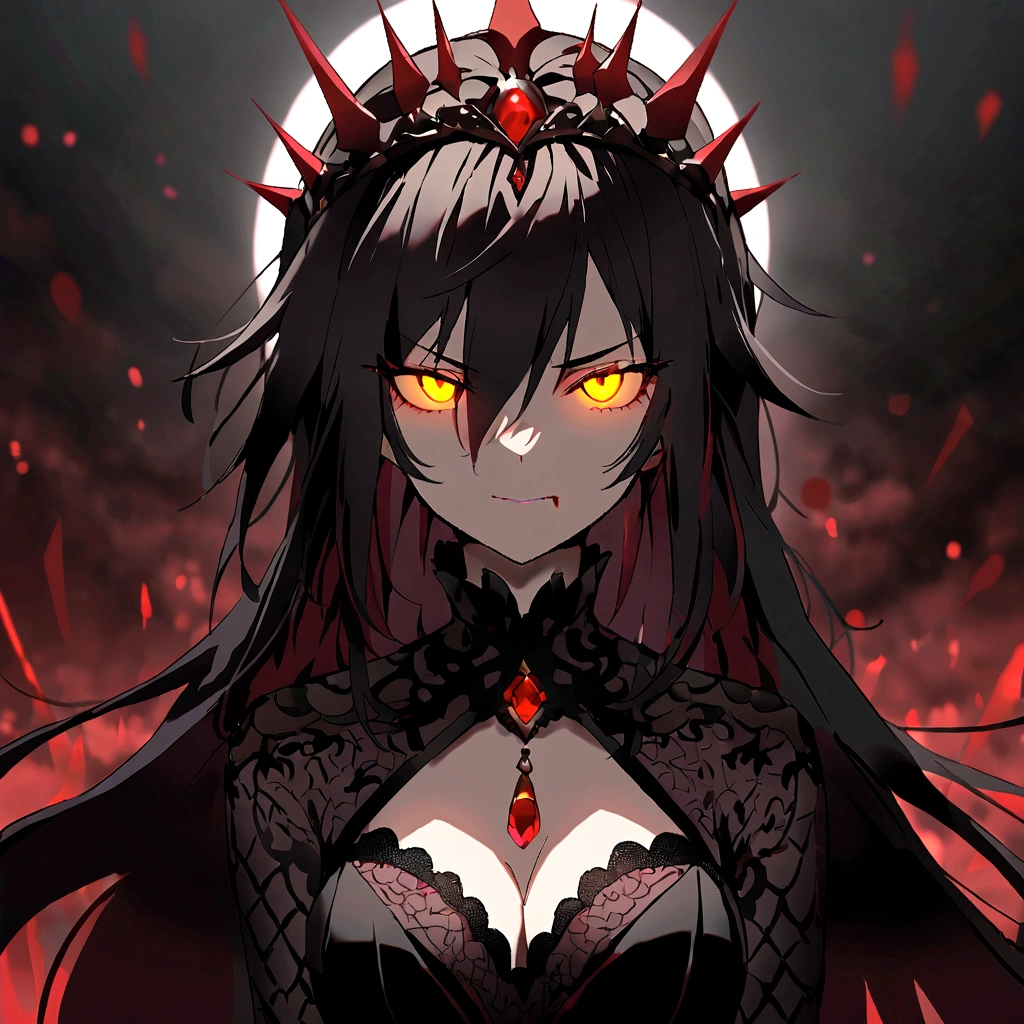 Artistic Sense，（Sharp focus：1.1），Vampire Queen Pictures,（(His mouth was covered in blood)），Dress modestly， Drops of blood， Blood-stained hair， Ruby Tiara， Lace dress， Cleavage is seductive， Yellow Eyes， Dark Shadows， strength， Crazy， 8K， high quality， Intricate details， Cleavage close-up， Glowing Eyes，Symmetrical Configuration