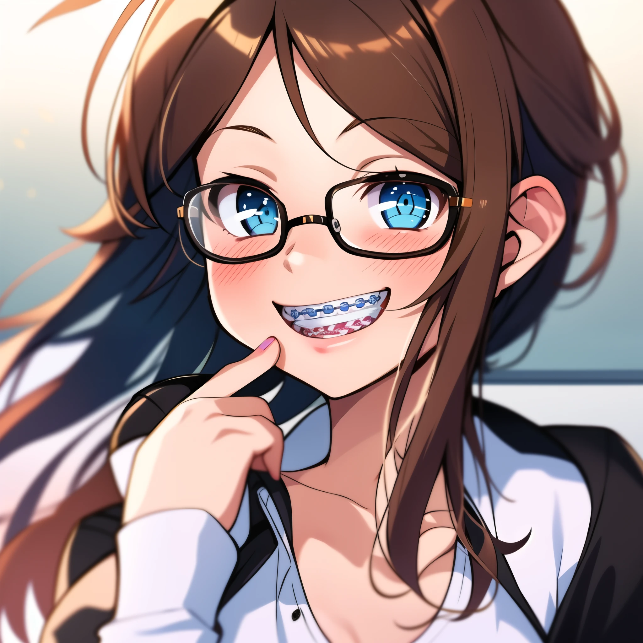 1girl, seductive eyes, braces, glasses, smiling, cute, face focus, blue eyes, blush, brown hair, best quality, masterpiece, highres
