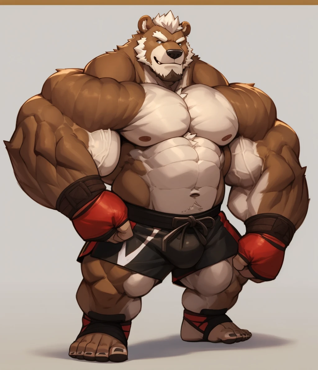 solo, 1boy, Huge Muscular Old Grizzly Bear wearing kickboxing MMA belt , thick pectoral, thick arms, huge pectoral, wide pectoral, hige brown fur, short white hair, Kickboxing MMA shorts, kickboxing MMA gloves, Kickboxing MMA Footwear 5 toes and shirtless, bearded, Kickboxing Martial Arts Cage Tournament background, masterpiece, semirealistic:1.2, high detailed, 8k, high resolution, flexes his biceps