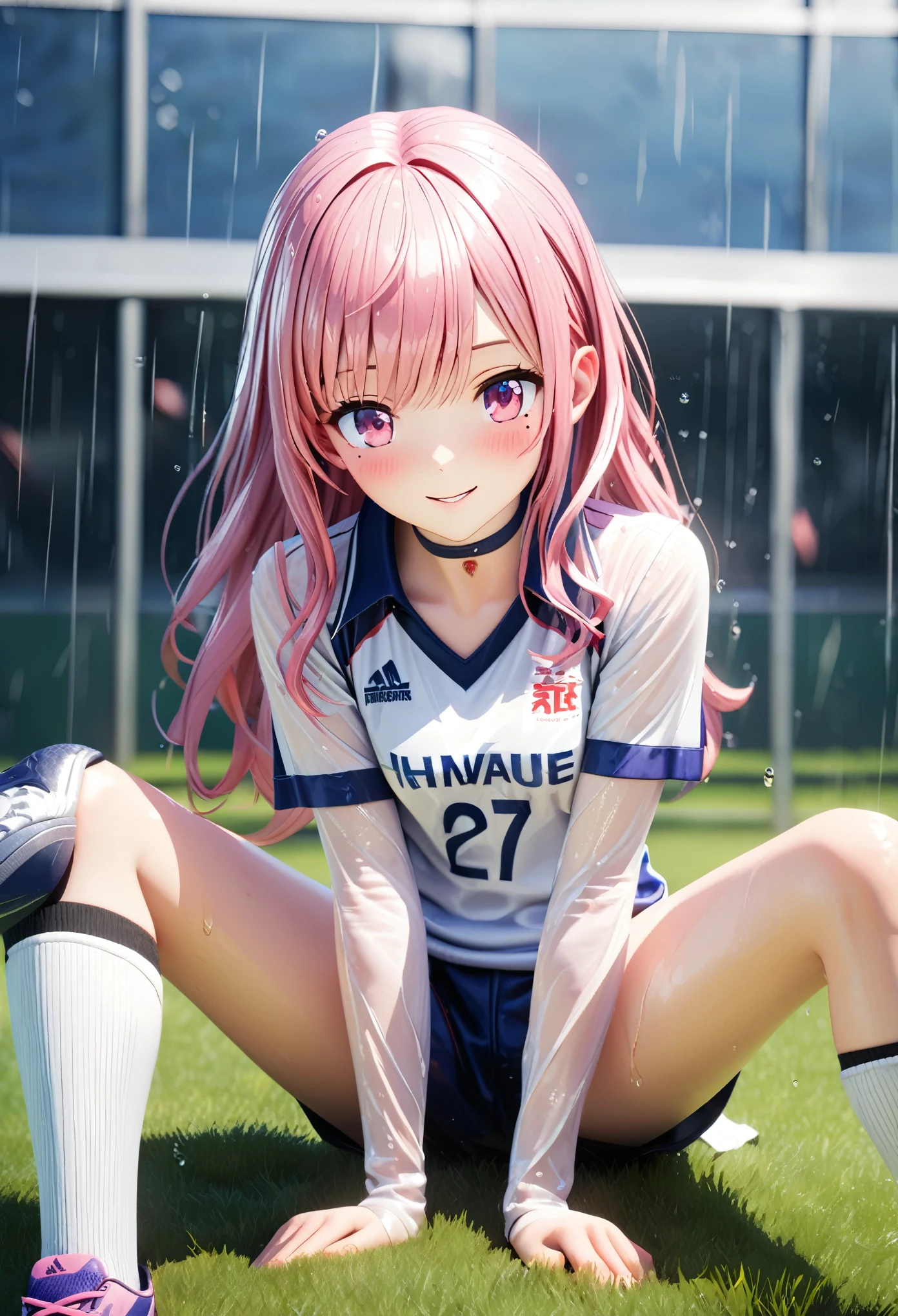 masterpiece, best quality, highly detailed, high resolution, expensive solution, high resolution, 4k, 8k, Unity 8k wallpaper, highly detailed CG, masterpiece, 2d, 3d, beautiful details, depth, fine texture, best quality: 1.3, total concentration, transparent skin, him, very cute anime girl, expensive pink long hair, one girl, volleyball uniform, knee pads on knees, volleyball shoes, on the grass in the schoolyard, it was raining heavily and she was soaking wet. The volleyball uniform was see-through, her hair was soaking wet, smiling long pink hair, full body, on the grass in the schoolyard, heavy rain, mole under eye, gaze, expensive, blush, lips parted, heart, pink eyes, choker
