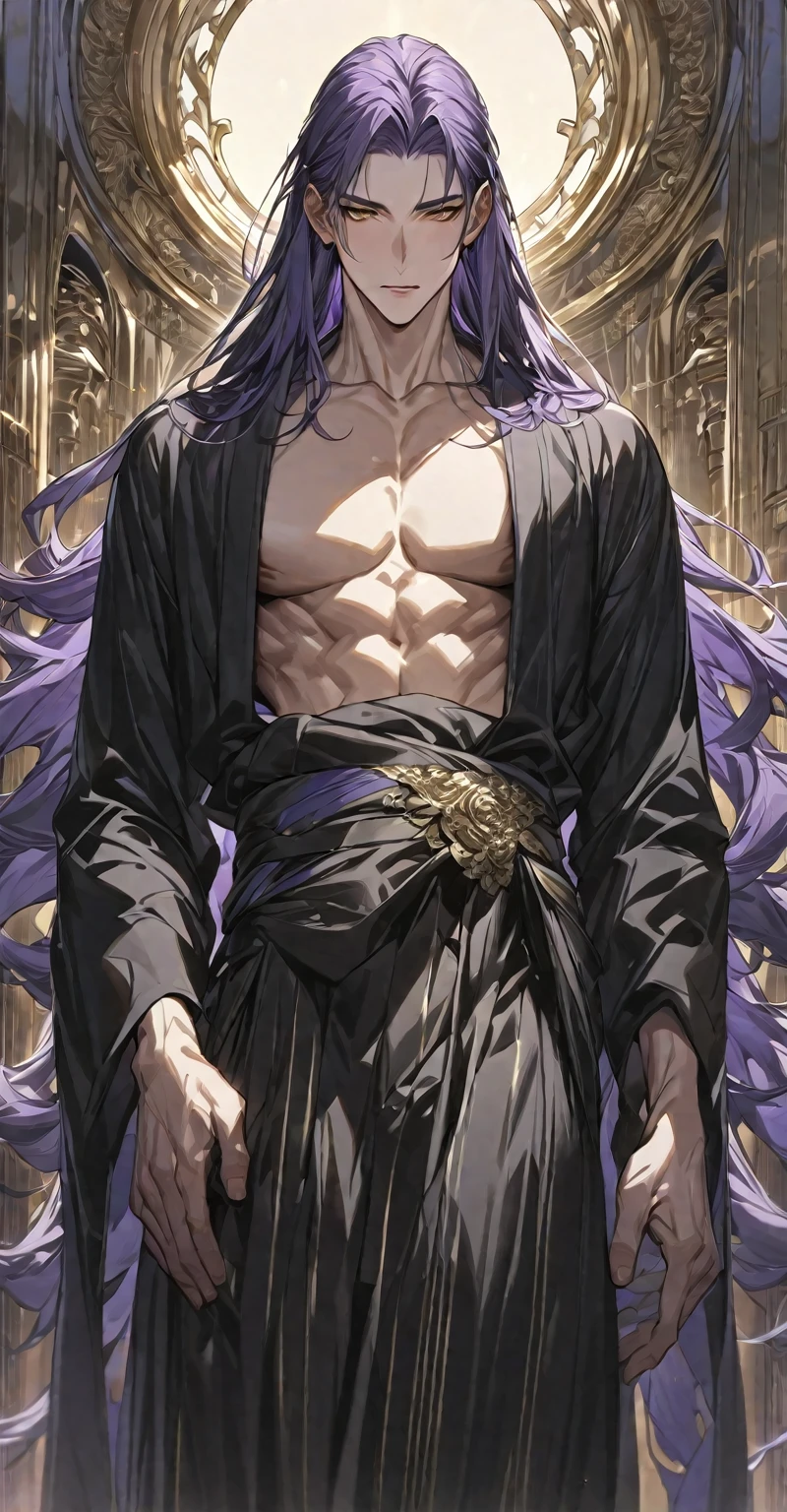 Masterpiece, very detailed, ultra detailed, one, (1 man), 23 old years, A man - he is tall and slender, He's in a simple black kimono with white stripes, He’s super long dark-purple hair To the waist and with Smooth ching, and golden eyes that shine.