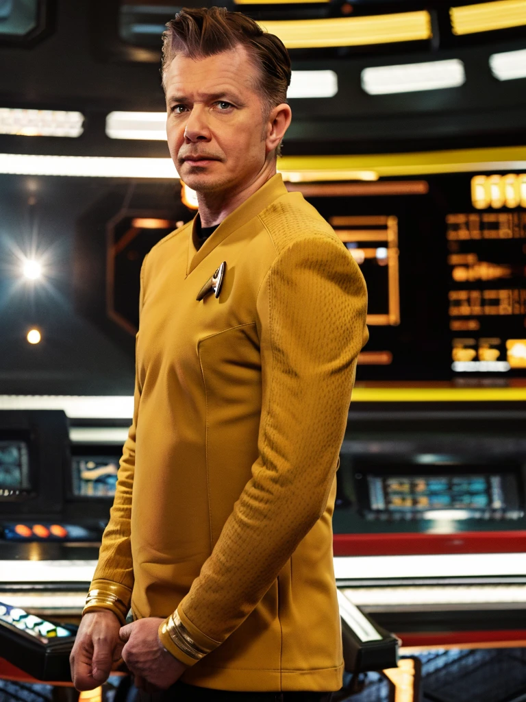 Gary oldman in yellow stsnwunf uniform,on starship bridge,