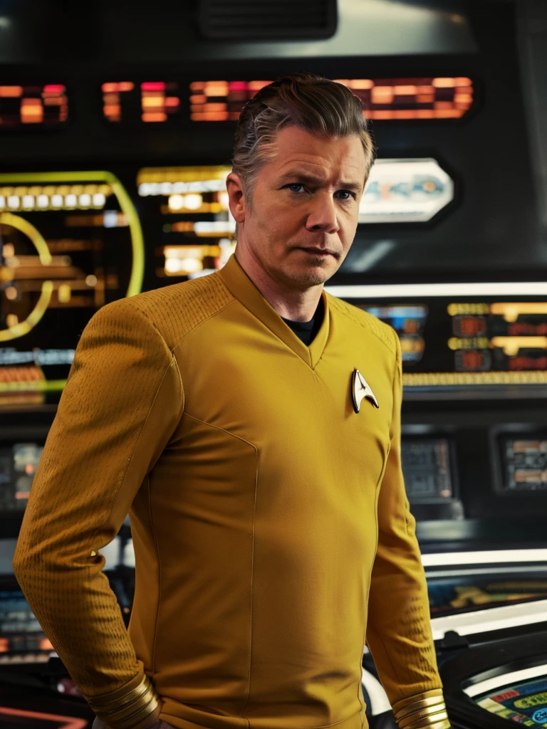 Gary oldman in yellow stsnwunf uniform,on starship bridge,