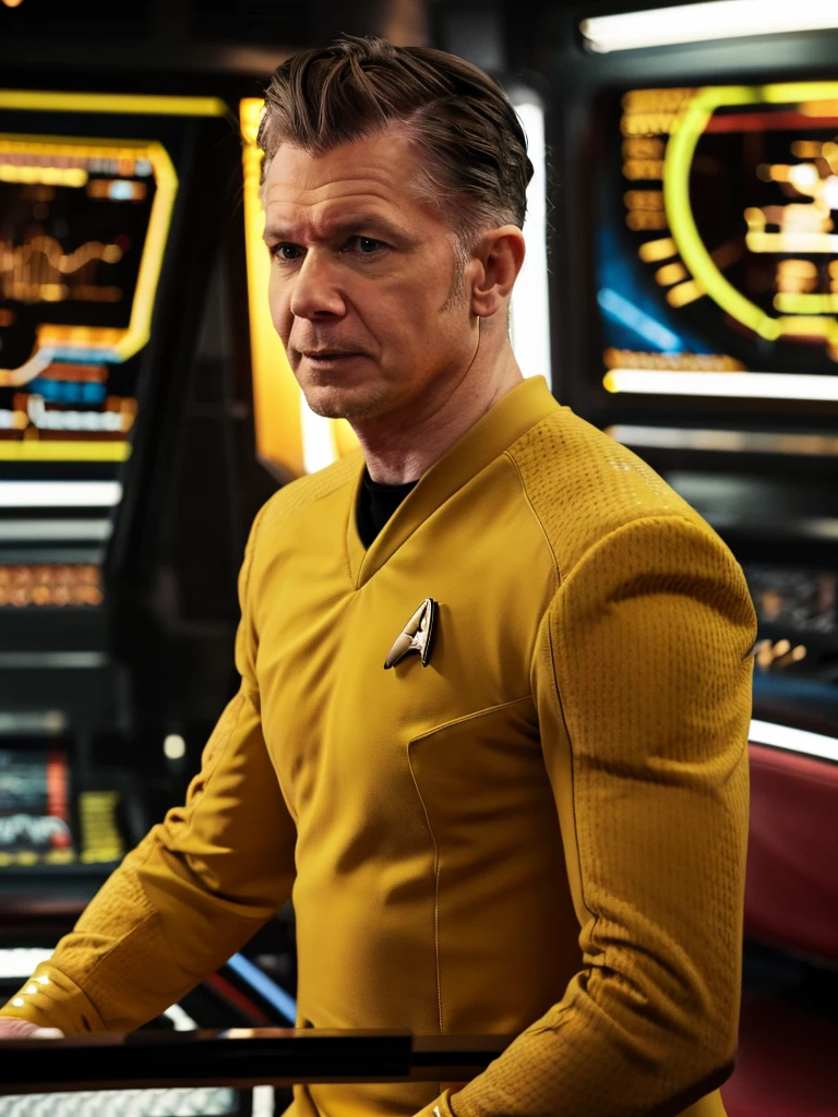 Gary oldman in yellow stsnwunf uniform,on starship bridge,