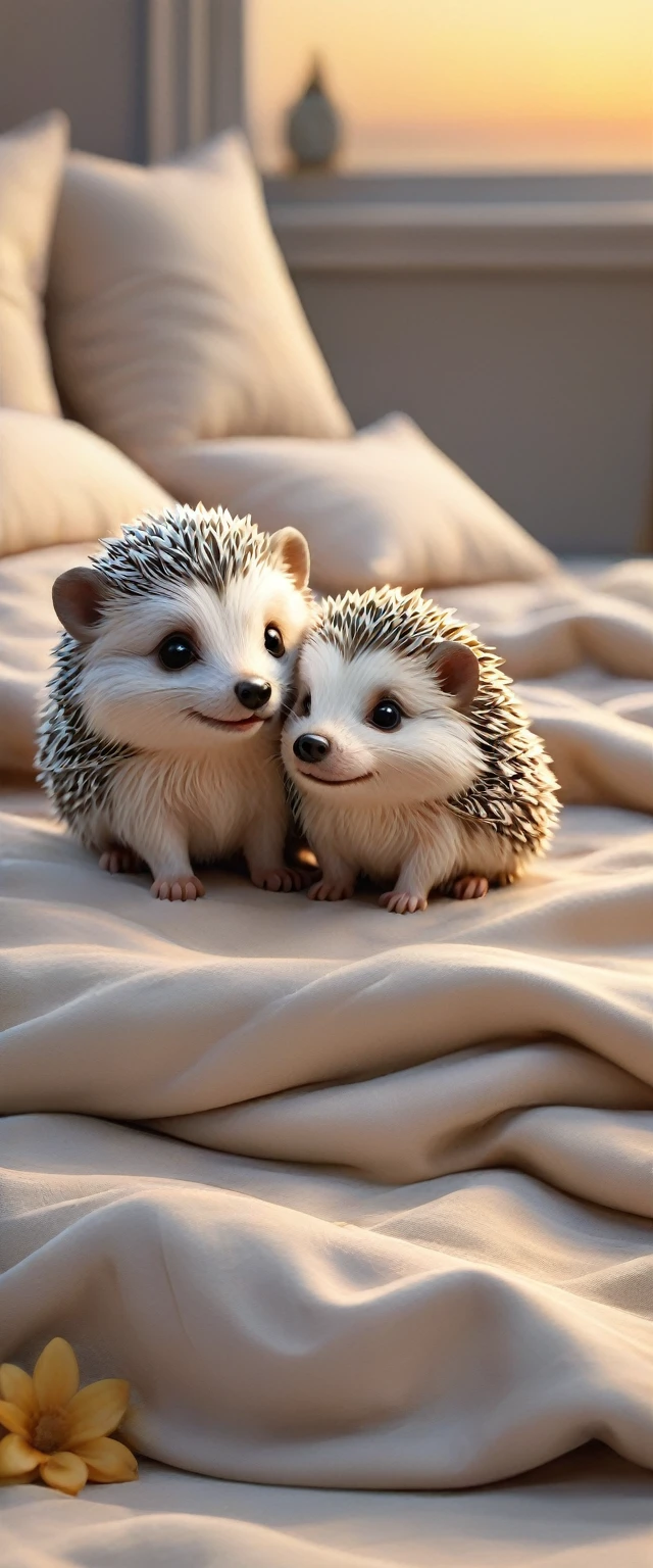 With the sunset in the background,(masterpiece:1.2, high quality), Several baby hedgehogs sleeping together in bed、