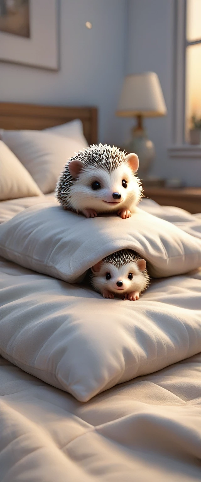 With the sunset in the background,(masterpiece:1.2, high quality), Several baby hedgehogs sleeping together in bed、