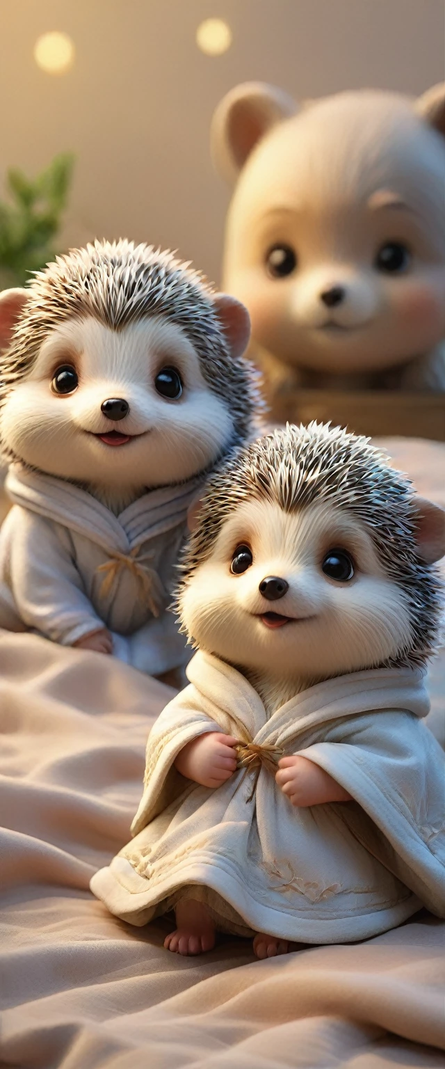 With the sunset in the background,(masterpiece:1.2, high quality), Several baby hedgehogs sleeping together in bed、