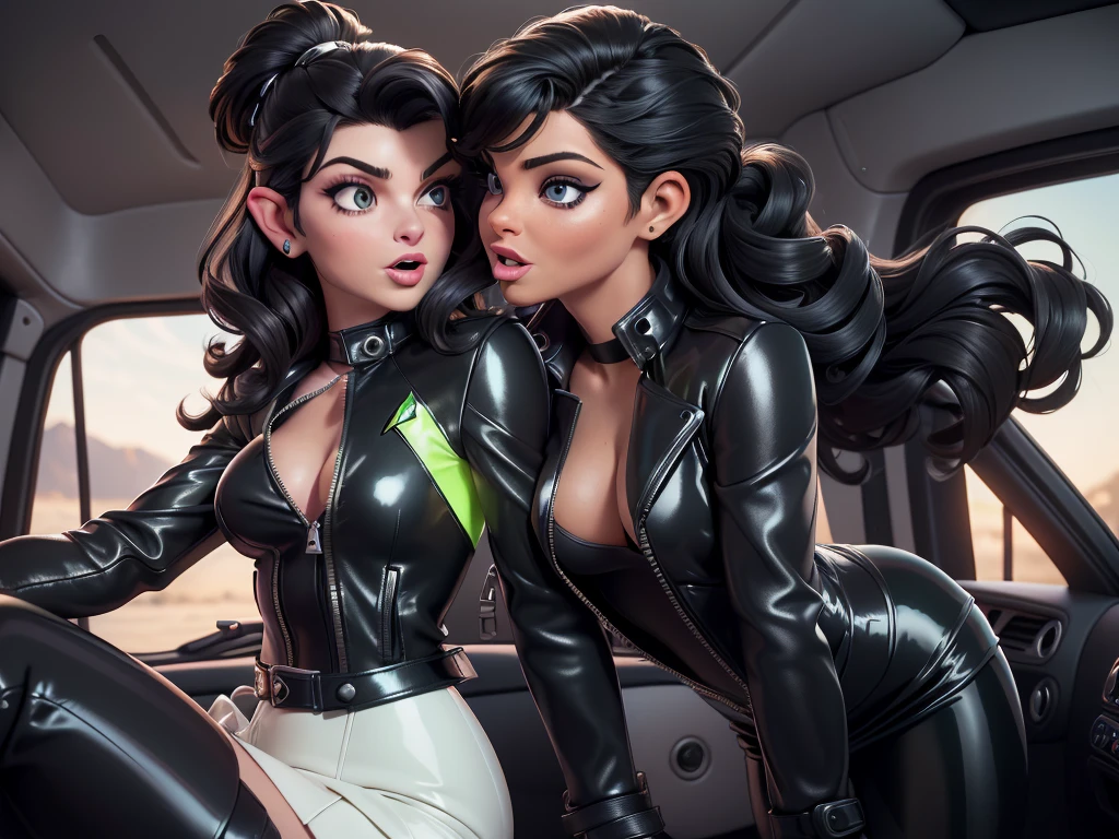 obra prima, melhor qualidade, ((two women,)) ((kirstie alley with pointed ears, curly black hair, leather star trek tunic,)) head back, ((sexy sultry wicked look, open mouth, pucker mouth,)) thick smoky black eye shadow, long fake eyelashes, ((wearing shiny lime green pvc biker blazer,)) ((jacket is unzipped and wide open, small breasts, nip slip,)) jacket has padded puff shoulders, shiny leather gloves, ((shiny cream white micro mini pvc skirt,)) body is skinny, shiny tight buttocks, ((in back seat of luxury convertible, sexy kissing squeezing pose,)) (camera view of whole body,) looking up at me, shallow depth of field, highres, HD, 8k, anatomically correct