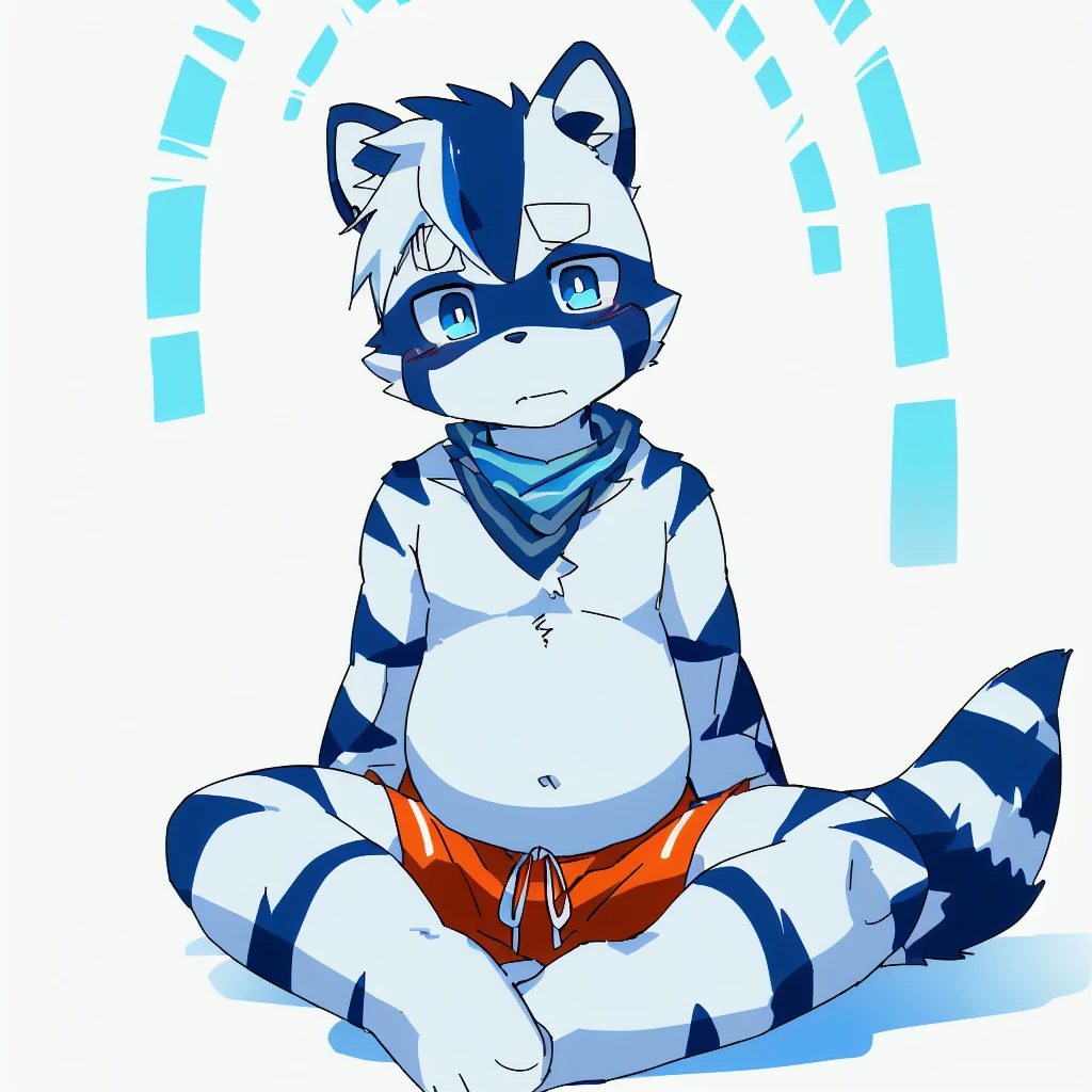 ((small)), ((small body)), ((10 years old)), ((young boy)), ((Furry)), ((kemono)), ((raccoon)), ((male)), ((has a fur in shades of blue and white)). ((The body is covered primarily in a light blue)), ((tail rings are a darker blue)). ((A deep, bright blue eyes)), ((Patterns: The chest and belly are pure white, with dark blue stripes that resemble the pattern of a zebra, but more subtle)). ((Ears: White with light blue tips)). ((Tail: The tail has alternating rings of light blue and dark blue)). ((Accessories: wears an orange bandana around his neck)), ((one subject)), ((1 character)), ((anime style)), ((simple white background)), ((orange shorts with white stripes)), ((sitting)), ((legs apart)), ((ashamed))