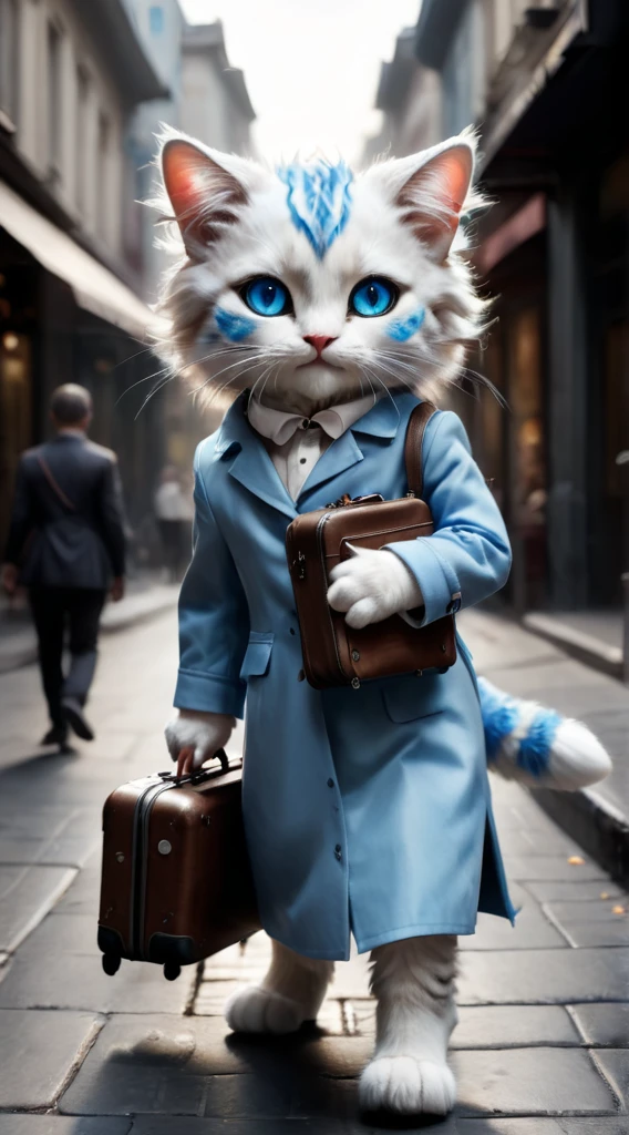 （Curly puppet cat）blue eyes（4k）Pulling suitcase，walking on central street，（（surreal：1.5））super cool。