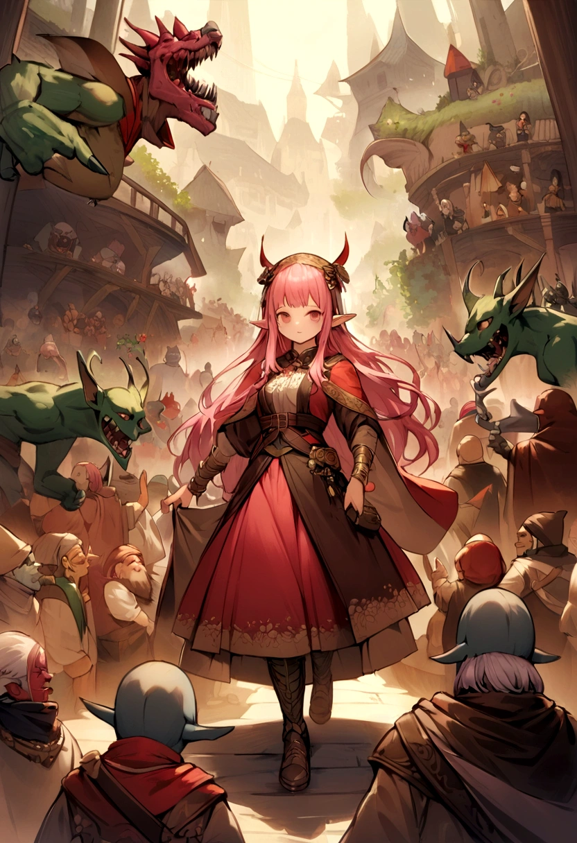 Pink haired girl in the center、少女はpeople間、Mr.々Many races gather、animal、people、Elf、Dwarf、Kobold、Goblins