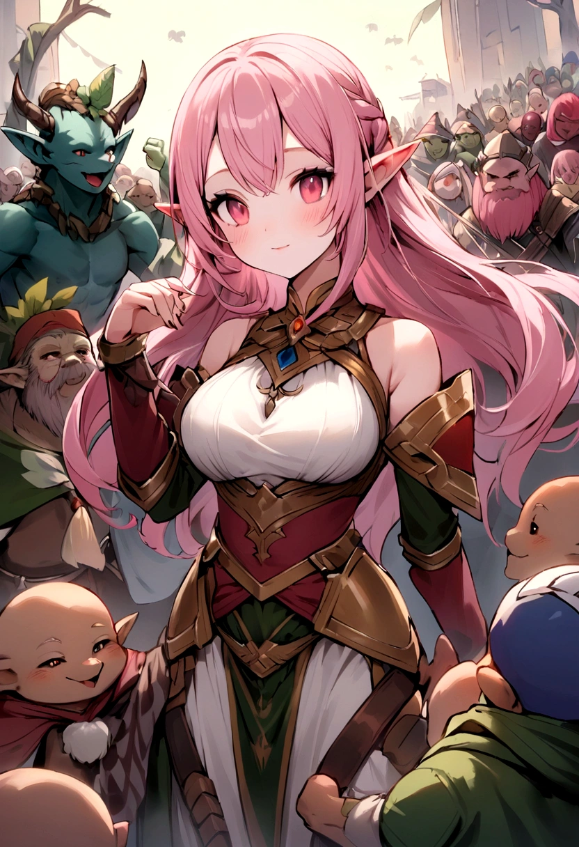 Pink haired girl in the center、少女はpeople間、Mr.々Many races gather、animal、people、Elf、Dwarf、Kobold、Goblins