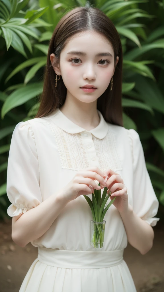 女の子1人, (Full body), Unknown , detailed  clothes, (delicate illustration:1.4),(masutepiece:1.0), (Best Quality:1.4), (超A high resolution:1.2), (Photorealistic:1.4), (8K, Raw photo:1.2), (Soft Focus:1.4), (18year old:1.3), (Sharp Focus:1.4), (Renaissance art:1.4), Detailed beautiful face, (Blouse with white collar), Holding an amaryllis flower with both hands