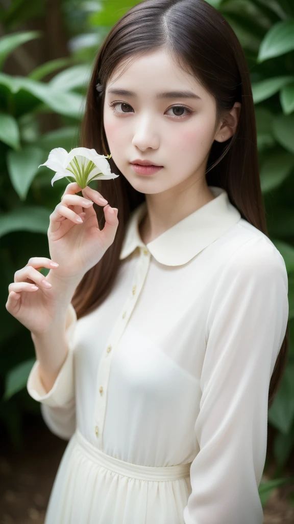 女の子1人, (Full body), Unknown , detailed clothes, (delicate illustration:1.4),(masutepiece:1.0), (Best Quality:1.4), (超A high resolution:1.2), (Photorealistic:1.4), (8K, Raw photo:1.2), (Soft Focus:1.4), (18year old:1.3), (Sharp Focus:1.4), (Renaissance art:1.4), Detailed beautiful face, (Blouse with white collar), Holding an amaryllis flower with both hands