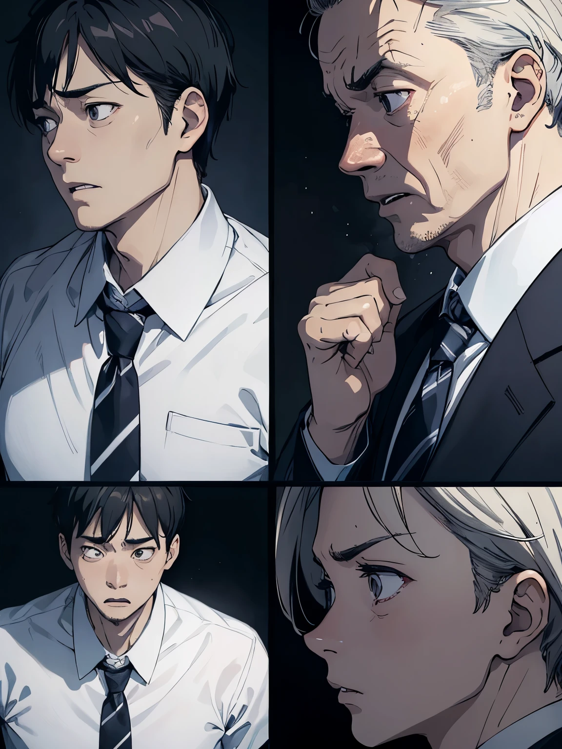 Profile of a surprised 45-year-old middle-aged man、White Y-shirt and tie、Surprised expression、Sweating、Detailed facial expressions、Dark and spooky atmosphere、