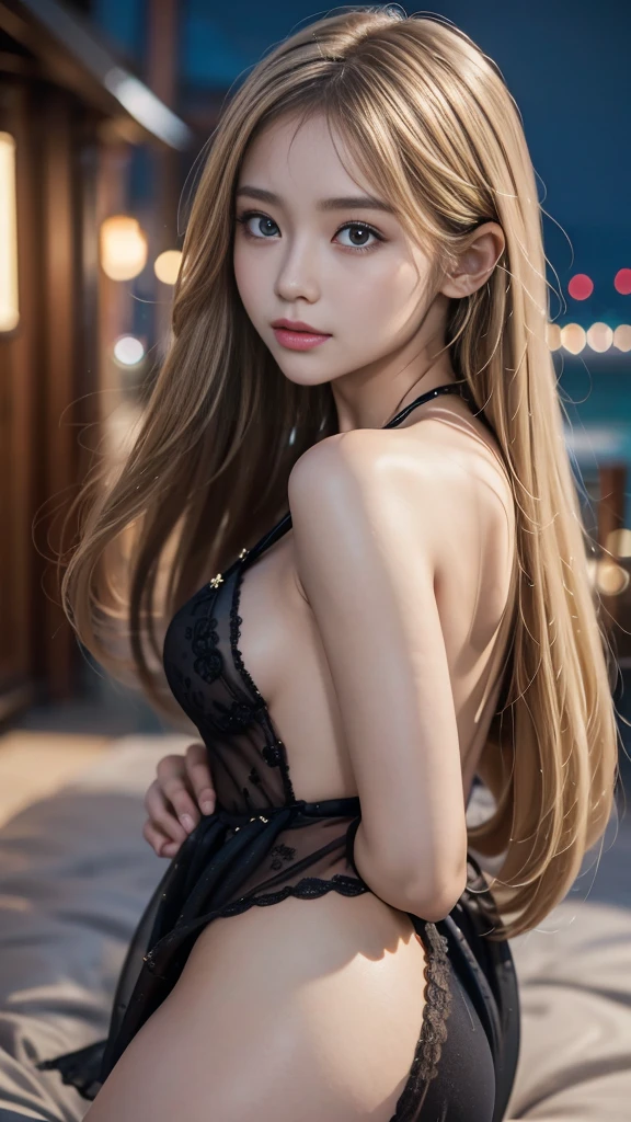 full hd 8k, Girl standing in front of a dark night scene, full moonlight reflecting on her beautiful face. Her long, silky hair was gently blown by the night wind, creating a gentle and romantic feeling. She is walking on a large beach. She looked up at the starry sky, as if searching for something, her eyes showing a pensive and lonely look. The full moon shines in the night sky creating a beautiful scene. The girl has long, strands of hair, Light blonde hair, a luxurious and noble beauty. The moonlight shines on the girl's delicate face, highlighting her large, round light brown eyes, creating a natural, gentle beauty. She wore a mini dress to create a sexy beauty. These images capture detailed panoramic portraits and views of the sky and sea. All create a beautiful, wonderful picture that makes people unable to take their eyes off the scene. All of these details are depicted clearly and sharply, creating sexyly poses,