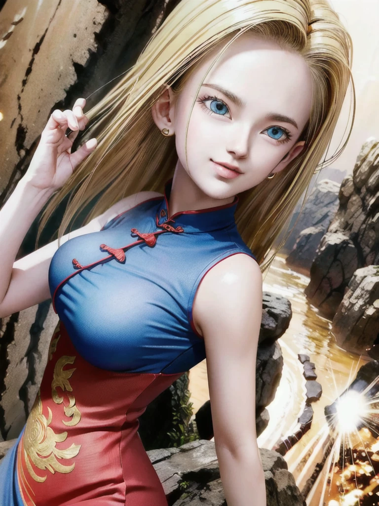 android 18,blonde hair,(((Long Straight Hair))), blue eyes, ((Long Slit Red cheongsam)), Red sexy cheongsam, Red , (Big Breasts), looking at the audience,face smile,close-up, portrait, river,rock, ,tree,blue sky,high quality,masterpiece,sexy body, 8K resolution, clean detailed faces,