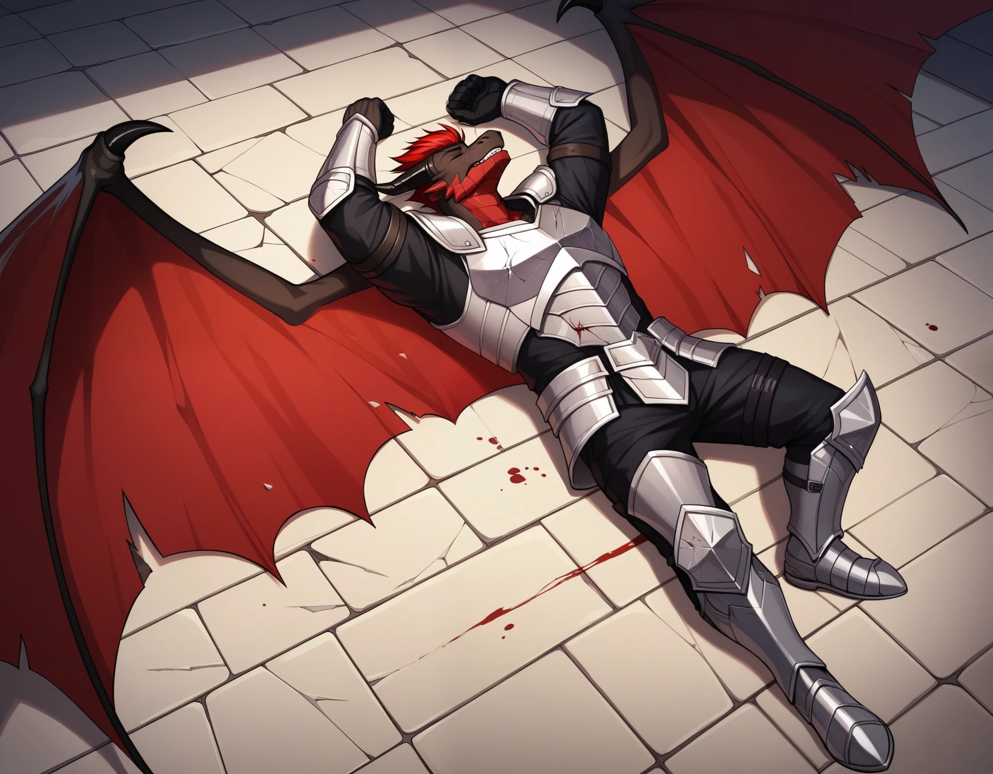 Score_9, score_8_up, score_7_up, source_cartoon, Anthro male, A black dragon, black dragon with red highlights on scales, black and red wings, closed eyes, short red hair, standing, wearing broken knights armor, cracked armor, covered in blood, lying on the ground, in a castle courtroom, he is dead,