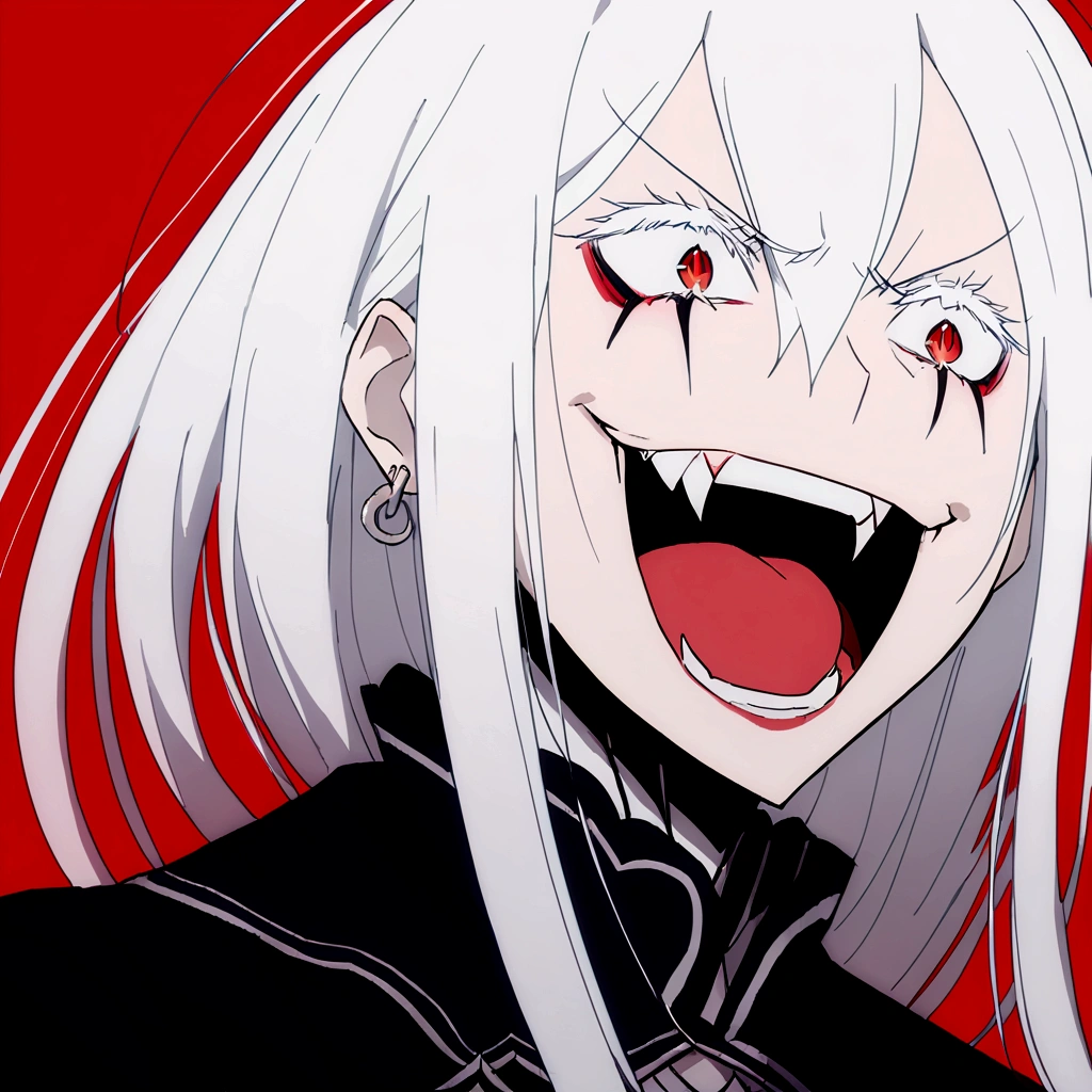 Evil woman, psycho laugh, loca, White hair, thick white eyelashes, fangs, demonic, echidna re:zero, crazy laugh, pure evil, black clothes, red tones, big breasts