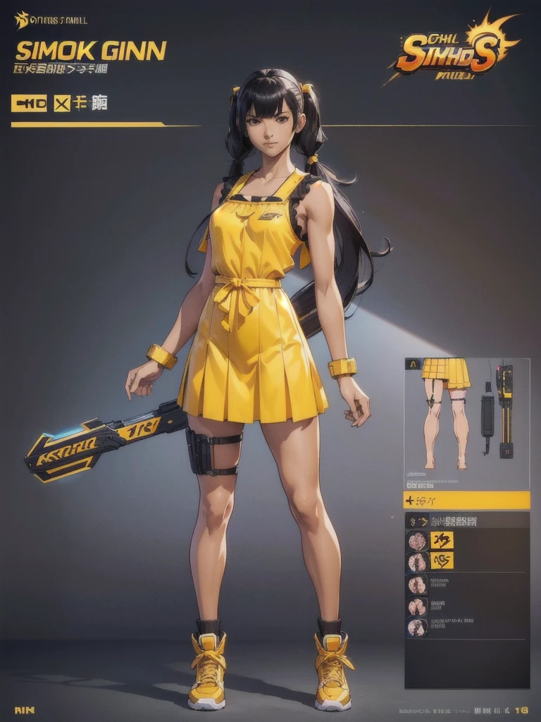 ((best quality)), ((4k)), ((highres)), ((masterpiece:1.2)). ((detailed)), ((ultra realistic)), ((intricate details)), ((full body picture)), ((character design sheet)), ((blank background)), ((standing in a blank background)), full body shot of a beautiful black female, ebony beauty, woman, 18 years old girl, dark brown skin, about 5'5 ft. tall, smirk on her face, ((smirking)), long curly black hair, ((long curly hair)), long hair, high pigtails, (((high pigtails)), dressed in a yellow sleeveless babydoll dress, ((EMPHASIS ON HER YELLOW SLEEVELESS BABYDOLL DRESS)), black leather belt on her waist, bare legs, yellow school girl HIGH SOCKS AND school girl BLACK SHOES, fighting game character design, tekken character design, the king of fighters character concept art, character concept art, full body, 18 years old female fighter, girly girl, cute girl, girly fighter character concept art