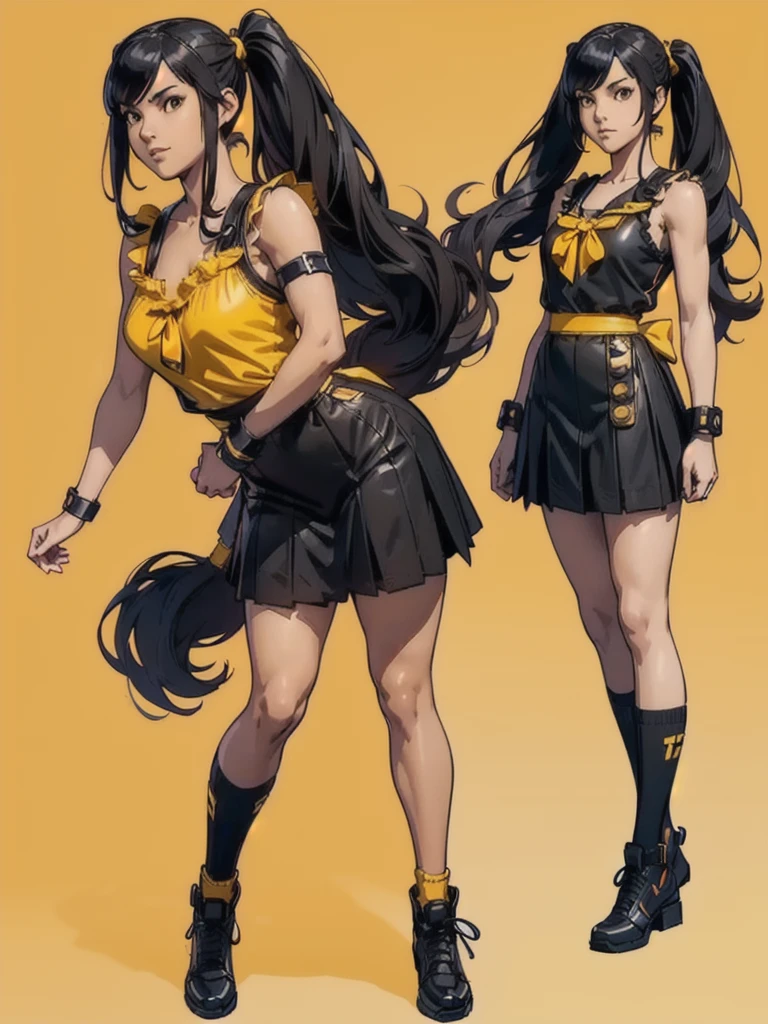 ((best quality)), ((4k)), ((highres)), ((masterpiece:1.2)). ((detailed)), ((ultra realistic)), ((intricate details)), ((full body picture)), ((character design sheet)), ((blank background)), ((standing in a blank background)), full body shot of a beautiful black female, ebony beauty, woman, 18 years old girl, dark brown skin, about 5'5 ft. tall, smirk on her face, ((smirking)), long curly black hair, ((long curly hair)), long hair, high pigtails, (((high pigtails)), dressed in a yellow sleeveless babydoll dress, ((EMPHASIS ON HER YELLOW SLEEVELESS BABYDOLL DRESS)), black leather belt on her waist, bare legs, yellow school girl HIGH SOCKS AND school girl BLACK SHOES, fighting game character design, tekken character design, the king of fighters character concept art, character concept art, full body, 18 years old female fighter, girly girl, cute girl, girly fighter character concept art