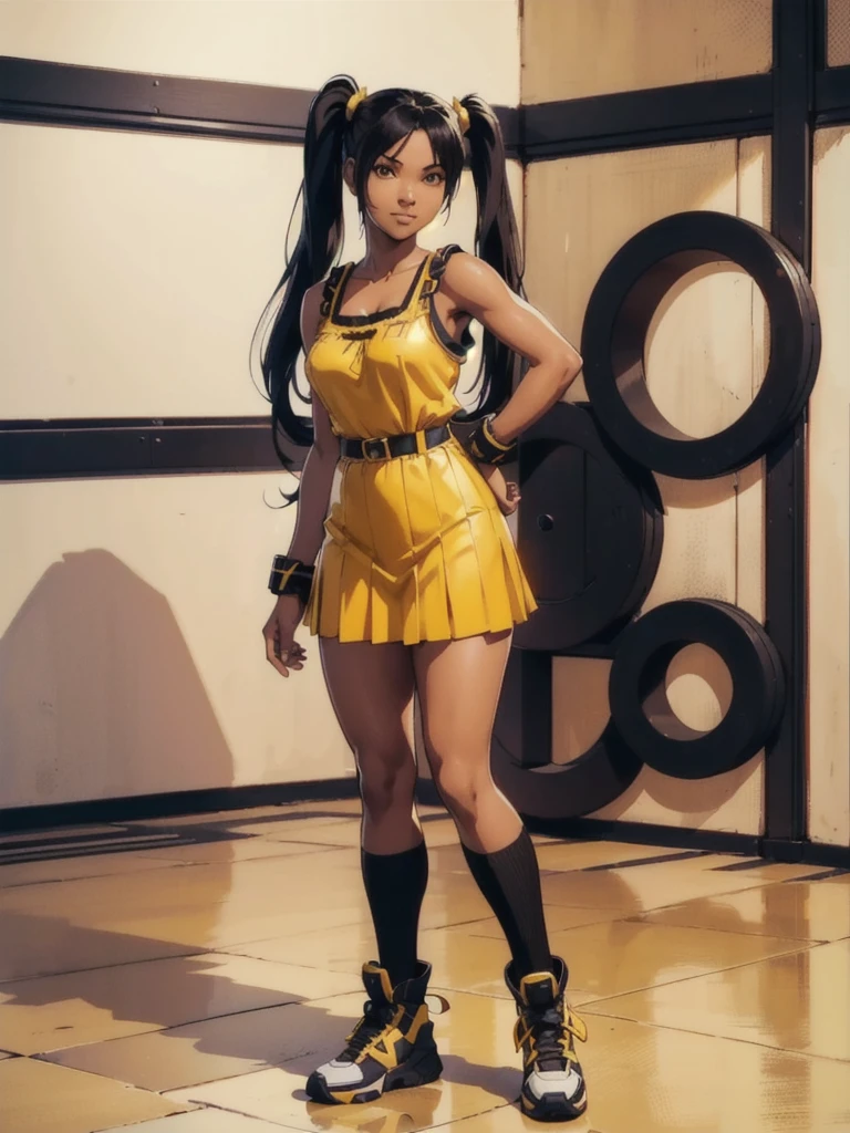 ((best quality)), ((4k)), ((highres)), ((masterpiece:1.2)). ((detailed)), ((ultra realistic)), ((intricate details)), ((full body picture)), ((character design sheet)), ((blank background)), ((standing in a blank background)), full body shot of a beautiful black female, ebony beauty, woman, 18 years old girl, dark brown skin, about 5'5 ft. tall, smirk on her face, ((smirking)), long curly black hair, ((long curly hair)), long hair, high pigtails, (((high pigtails)), dressed in a yellow sleeveless babydoll dress, ((EMPHASIS ON HER YELLOW SLEEVELESS BABYDOLL DRESS)), black leather belt on her waist, bare legs, yellow school girl HIGH SOCKS AND school girl BLACK SHOES, fighting game character design, tekken character design, the king of fighters character concept art, character concept art, full body, 18 years old female fighter, girly girl, cute girl, girly fighter character concept art