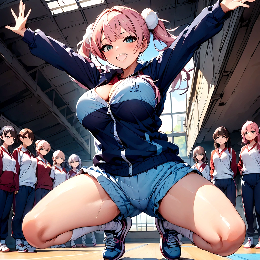 Japanese school、gym、Physical education class、Vertical Jump、Pink haired school girl、Big Breasts、Gym suit、Navy blue bloomers