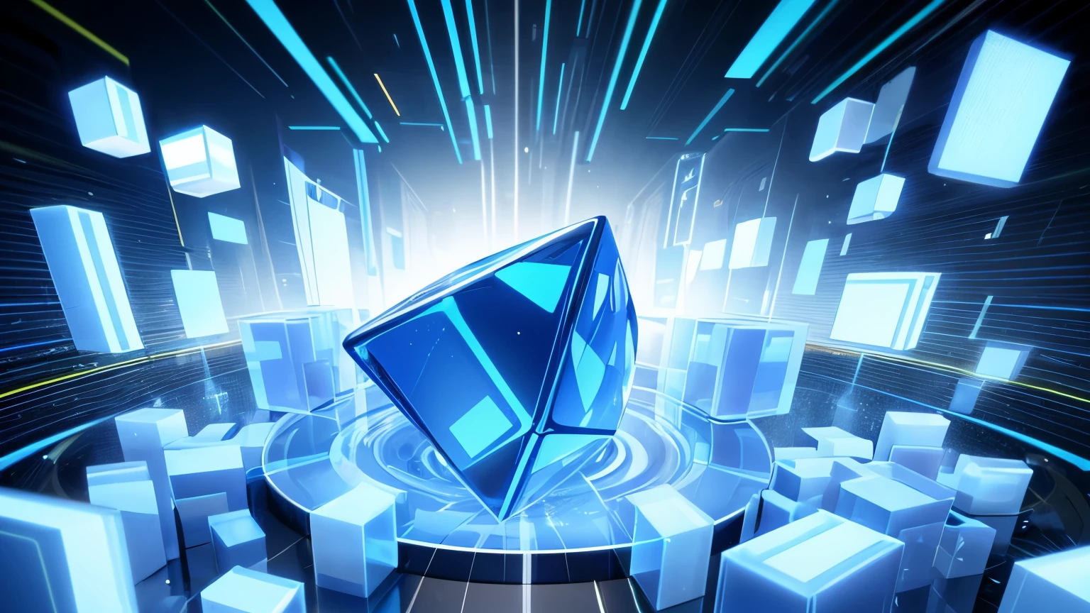 Blue and white background, light blue cubes with icons of different products floating in the air, digital technology style, 3D rendering, high quality, high detail, high definition, high pixelated, high sharpness, high contrast, high color saturation, high natural lighting, high octane render, high depth of field