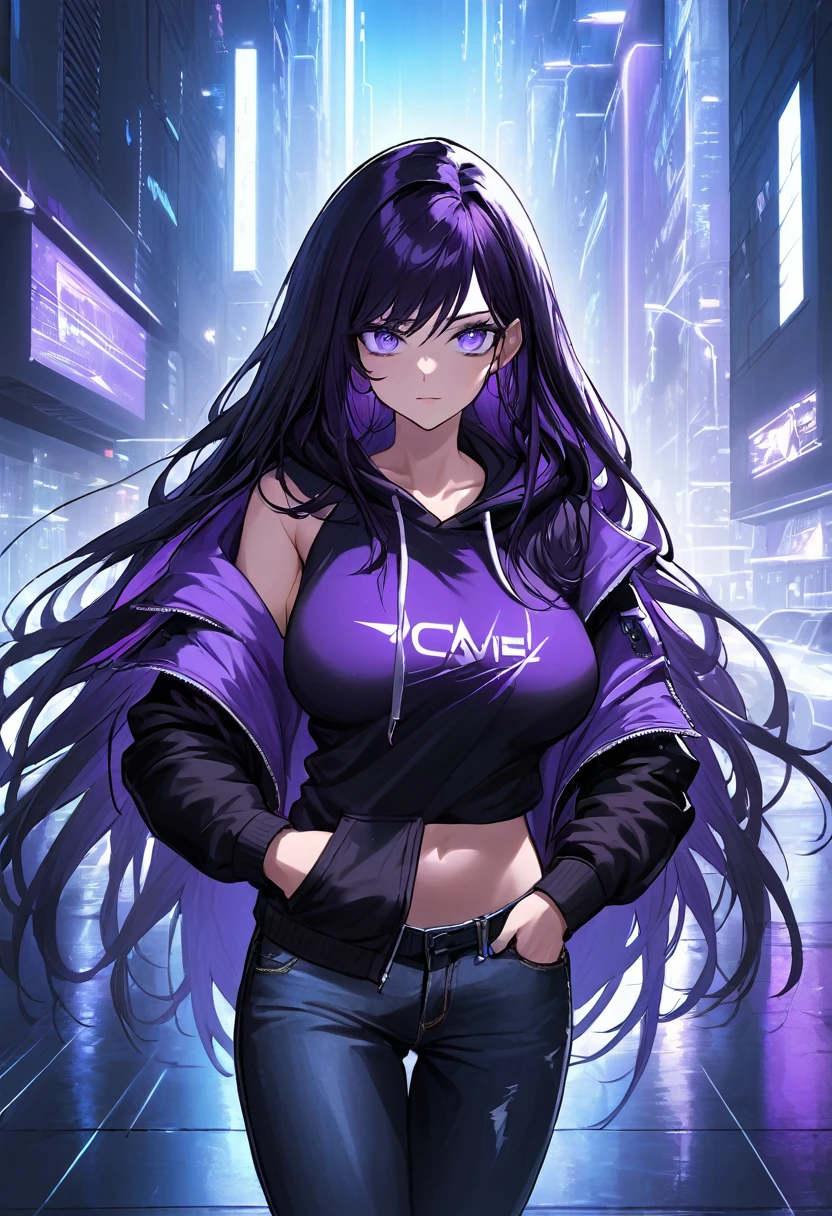 (masterpiece:1.37), best quality, (extremely detailed:1.37), woman, (very long hair:1.5), dark purple hair, purple eyes, (extremely detailed eyes:1.37), large breasts, hoodie, jeans, open fly, cleavage, navel, city, futuristic, neon lighting, high-tech