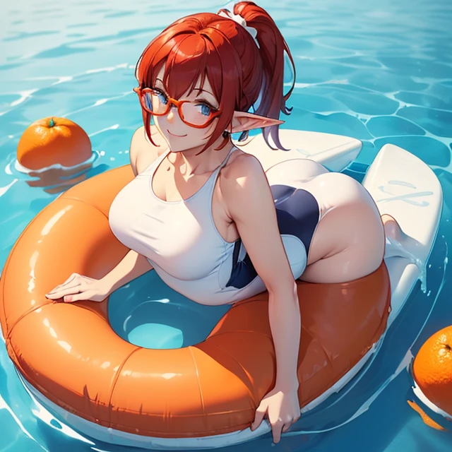 (best high quality image, very detailed clean image, carefully detailed image, carefully detailed character, solo alone character, no deformities in background and character, full character view and design)
{{(1woman 50 years old milf elf citizen), (crimson red hair tied in a ponytail with a pale white beautiful ribbon, fair skin, light blue green eyes, thin lips, big breasts, big butt, beautiful legs, short pointed ears with tiny orange gems, joy smile, happy expression, modeling position)), ((dark blue square glasses), (white white white one-piece white swimsuit)), (pool outside)}}