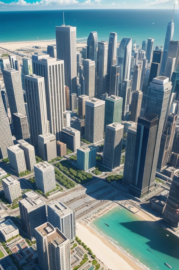 Create a modern city with long beaches and an abundance of buildings