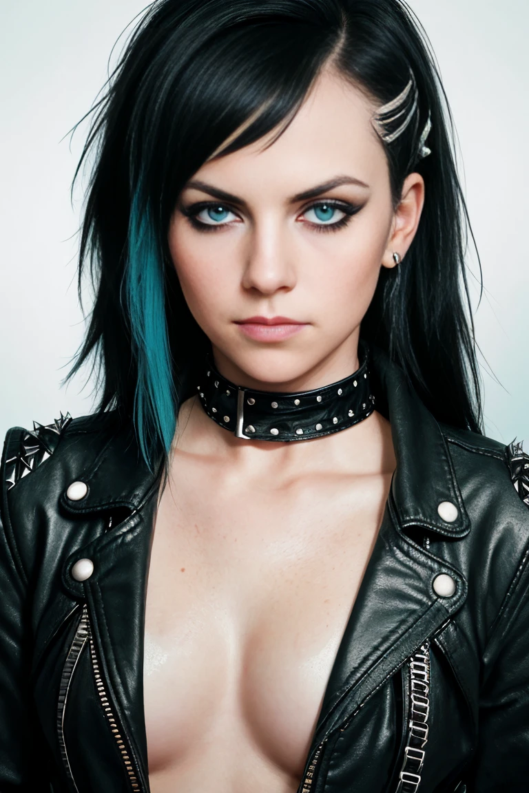 white skin woman aged 20, long black hair,  green blue eyes, breasts ((85C)), Narrow Face, small freckle, Eye line, unvarnished, slight smile, ((Joan Jett), ((punk outfit)), 4K, 