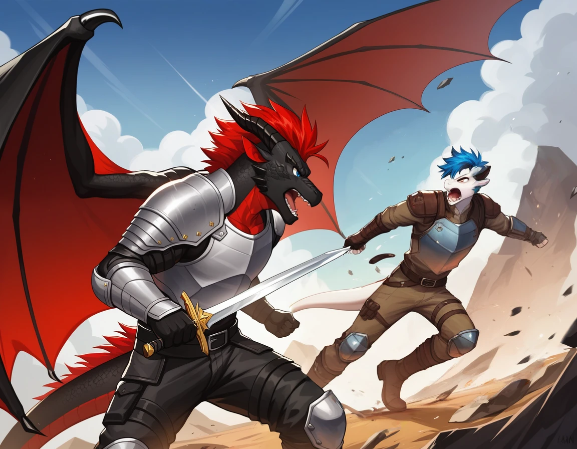 Score_9, score_8_up, score_7_up, source_cartoon, Anthro male, A white dragon, white dragon with blue highlights on scales, red eyes, short blue hair, fighting stance, wearing knights armor, fighting, holding a knife, on a battlefield,  he is screaming, 
