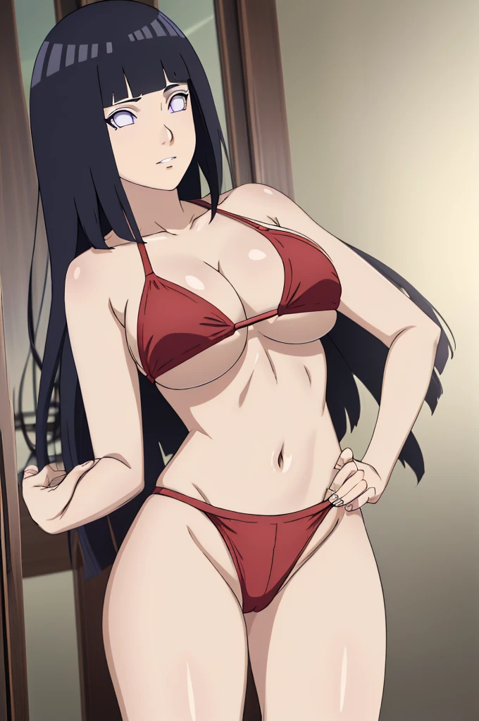 masterpiece, (intricate details), (colorful),cinematic lighting,extremely detailed CG unity 8k wallpaper ,hinata\(boruto\), 1girl,solo, large breasts, (hinata, hyuuga hinata, purple eyes, blunt bangs, black hair) big breasts, perfect breasts, large breasts, round breasts, sexy body, slim waist, nice hips, skinny, nice thighs, black bra, cleavage, bare shoulders, collarbone, underboob, slim waist, red bikini, bikini, swimsuit, plain background, cowboy shot, body shot, front shot, full body, white backdrop, perfect eyes, glowing eyes, beautiful eyes, black background, simple background, no background , body shot, hands on hip