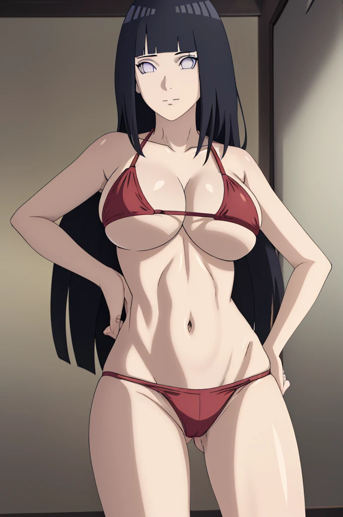 masterpiece, (intricate details), (colorful),cinematic lighting,extremely detailed CG unity 8k wallpaper ,hinata\(boruto\), 1girl,solo, large breasts, (hinata, hyuuga hinata, purple eyes, blunt bangs, black hair) big breasts, perfect breasts, large breasts, round breasts, sexy body, slim waist, nice hips, skinny, nice thighs, black bra, cleavage, bare shoulders, collarbone, underboob, slim waist, red bikini, bikini, swimsuit, plain background, cowboy shot, body shot, front shot, full body, white backdrop, perfect eyes, glowing eyes, beautiful eyes, black background, simple background, no background , body shot, hands on hip