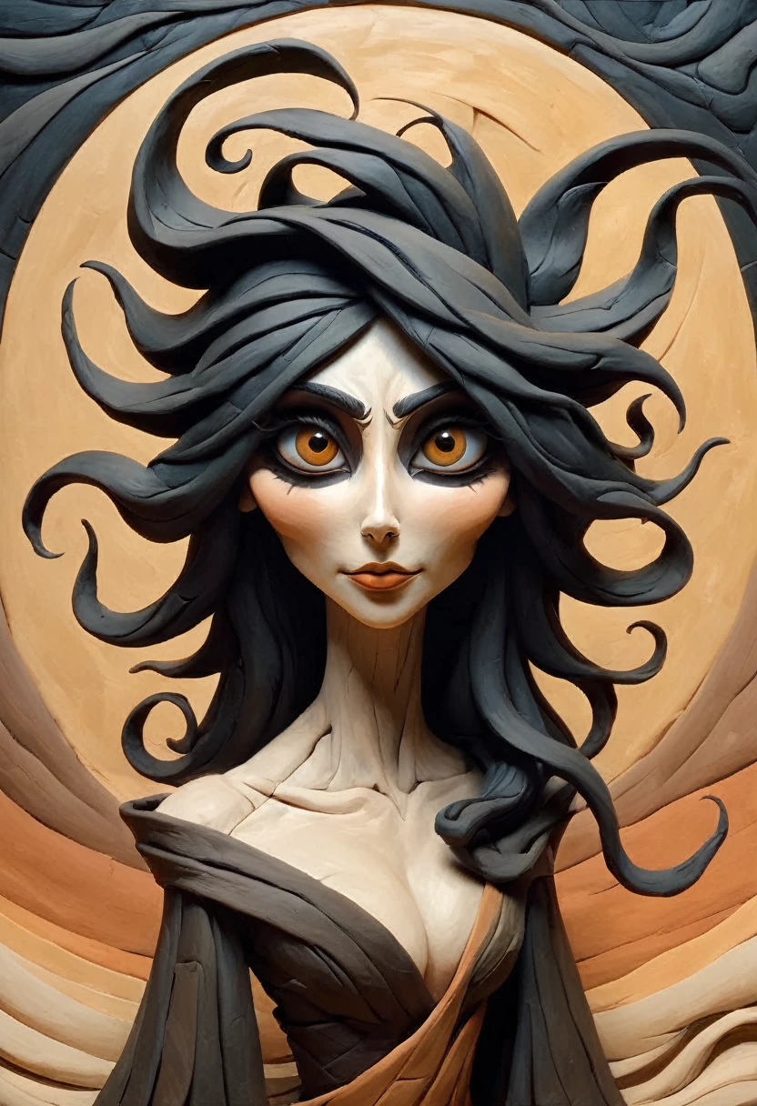 painting of a claymation woman with flowing black hair, peter mohrbacher, gorgeous brown eyes, surreal, fantasy design, epic clay background, ample cleavage, dark brown eye color, masterpiece, intricate origami background, abstract painted landscape, high detail, ais-drkclymtn 