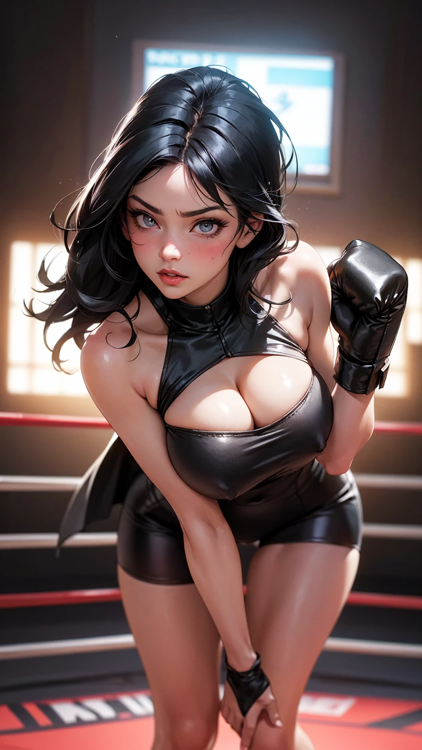 ((Busty thicc mature Denise Milani)), wearing cyberpunk silver leathet armor with cape, (dynamic pose), ((jet-black hair:1.4)), athletic build, tight costume, very beautiful, ((sexy, large fake breast, nippin, camel toe)), (highly detailed skin: 1.2), serious face, beautiful face, highly detailed skin, skin pores, (highly detailed face:1.1), (highly detailed eyes:1.1), realistic pupils, full face blush, full lips, (perfect anatomy:1.1), (perfect proportions:1.1), (photography:1.1), (photorealistic:1.1), volumetric lighting, dynamic lighting, real shadows, (highres:1.1), sharp focus, (realistic, hyperrealistic:1.4), intricate, high detail, dramatic, subsurface scattering, vivid, polished, sharpened, 35mm, 8k, (boxing ring background)