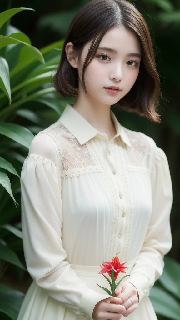 1人, (Full body), Unknown , detailed clothes, (delicate illustration:1.4),(masutepiece:1.0), (Best Quality:1.4), (超A high resolution:1.2), (Photorealistic:1.4), (8K, Raw photo:1.2), (Soft Focus:1.4), (18year old:1.3), (Sharp Focus:1.4), (Renaissance art:1.4), Detailed beautiful face, (Blouse with white collar), Holding an amaryllis flower with both hands