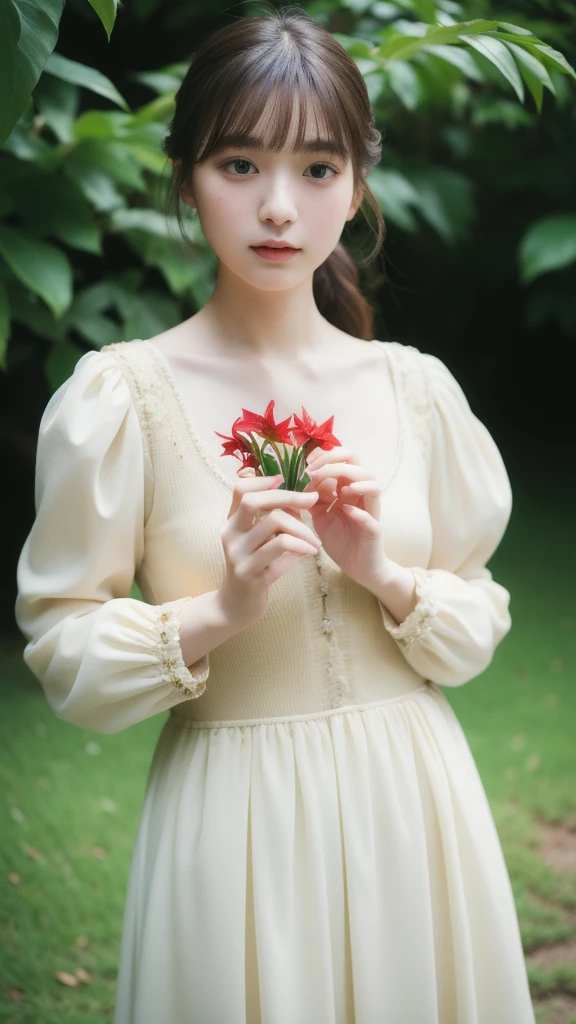 1人, (Full body), Unknown , detailed clothes, (delicate illustration:1.4),(masutepiece:1.0), (Best Quality:1.4), (超A high resolution:1.2), (Photorealistic:1.4), (8K, Raw photo:1.2), (Soft Focus:1.4), (18year old:1.3), (Sharp Focus:1.4), (Renaissance art:1.4), Detailed beautiful face, (Blouse with white collar), Holding an amaryllis flower with both hands