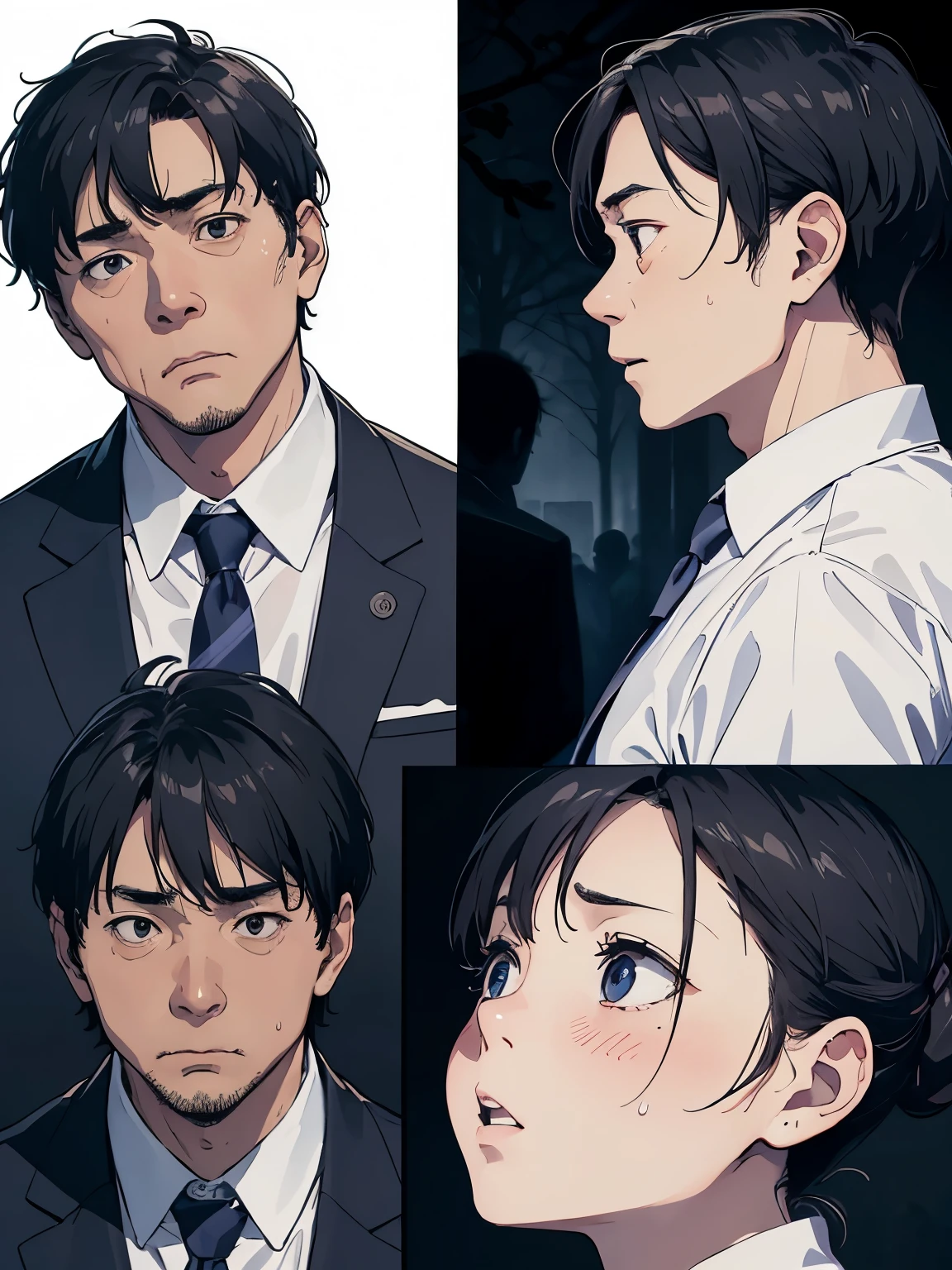 Profile of a surprised 50-year-old middle-aged man、Looking at me、White Y-shirt and tie、Surprised expression、Sweating、Detailed facial expressions、Dark and spooky atmosphere、