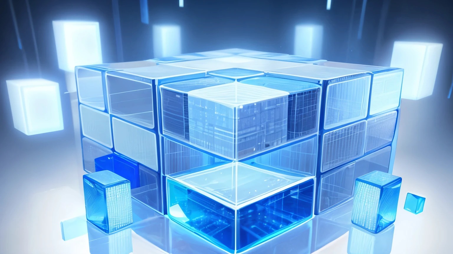 Blue and white background, light blue cubes with icons of different products floating in the air, digital technology style, 3D rendering, high quality, high detail, high definition, high pixelated, high sharpness, high contrast, high color saturation, high natural lighting, high octane render, high depth of field