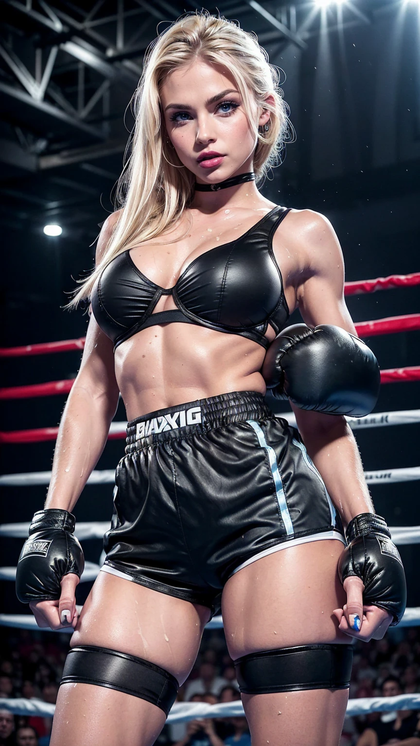 Cute young sexy blonde college bombshell, (young barbie doll face), 18 years old, blue eyes, ((black boxing shorts:1.3)), ((sexy boxing shorts:1.3)), (skimpy bra:1.3), (black boxing boots), blue eyes, straight blonde hair, muscular arms, slim toned body, tiny waist, boxing gloves, ((lipstick, heavy makeup:1.3)), ((sweaty shorts:1.4)), bimbo, full lips, perfect face, slutty makeup, perky breasts, small firm breasts, intimidating pose in a boxing ring, ((full body portrait:1.3)),