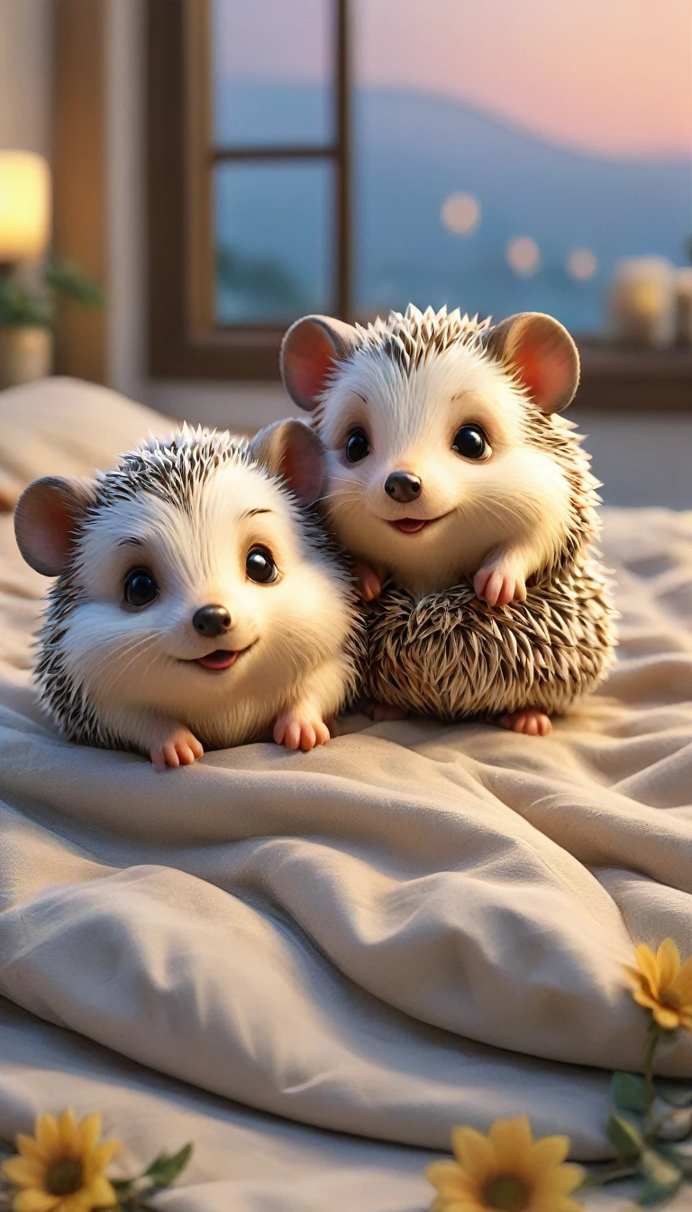 With the sunset in the background,(masterpiece:1.2, high quality), Several baby hedgehogs sleeping together in bed、
